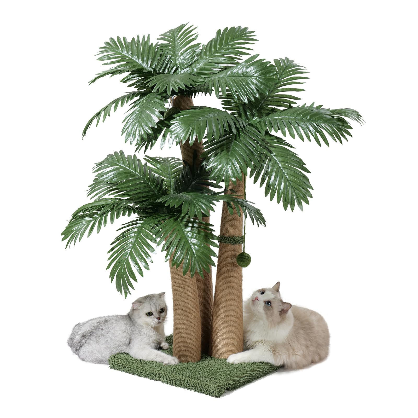 Furlogy 40'' Tall Cat Scratching Post, 3 Curved Design Palm Tree Cat Scratching Post With 8 Interactive Balls, Natural Sisal Rop