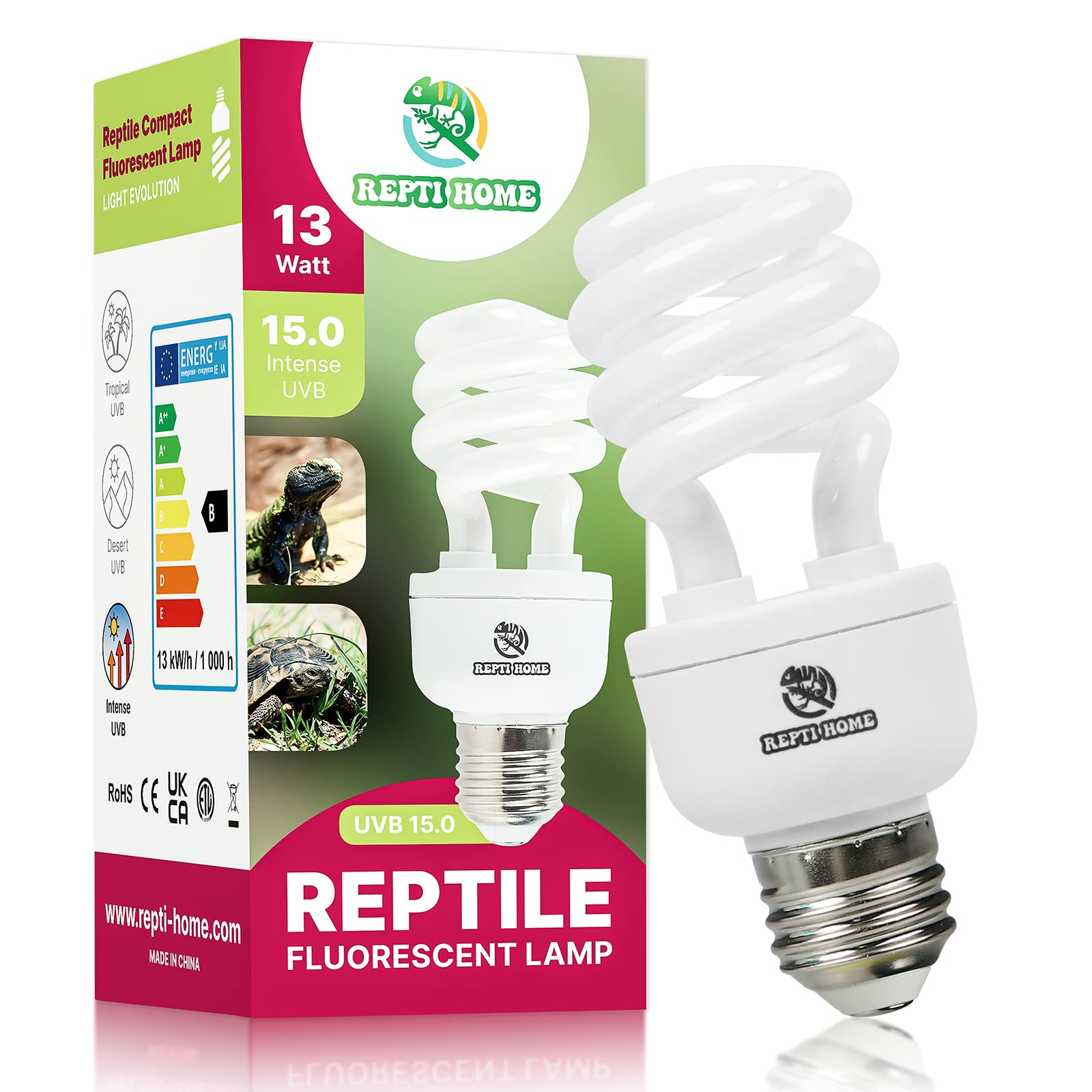 Repti Home Uvb Reptile Light 15.0, 13W Intense Uva Uvb Bulb For Reptiles, Terrarium Compact Fluorescent Lamp, Reptile Uvb Light Bulb For Desert Reptiles & Amphibians