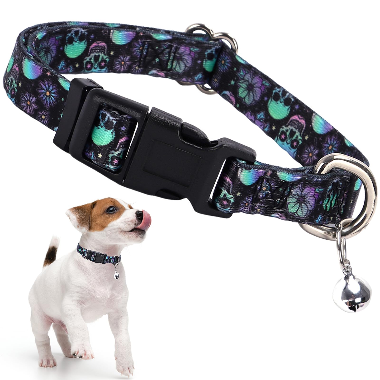 Skull Dog Collar With Bell, Pretty Cool Boy Cat Collar Tiny Puppy Collars With Bells For Xs Small Pet Male Dogs Kitten Little An