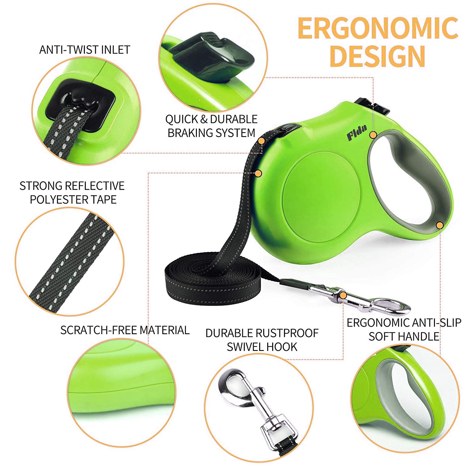 Fida Retractable Dog Leash With Dispenser And Poop Bags, 16 Ft Pet Walking Leash For Small Dog Or Cat Up To 26 Lbs, Anti-Slip Handle, Tangle Free, Reflective Nylon Tape (S, Green)