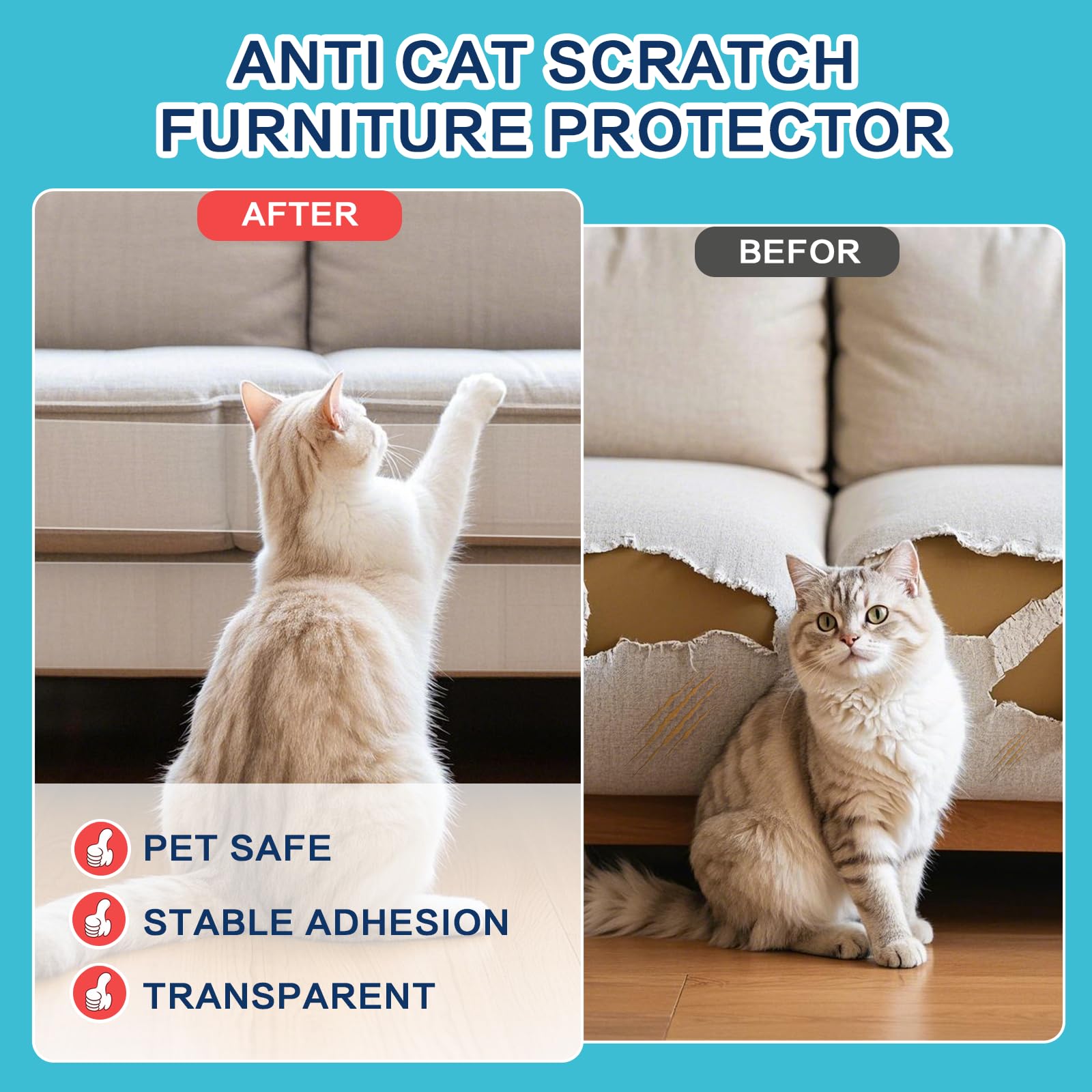 Thicken Vinyl Anti Cat Scratch Furniture Protector,165 X 12.4 Cat Scratch Deterrent For Furniture, Single Side Couch Protector F