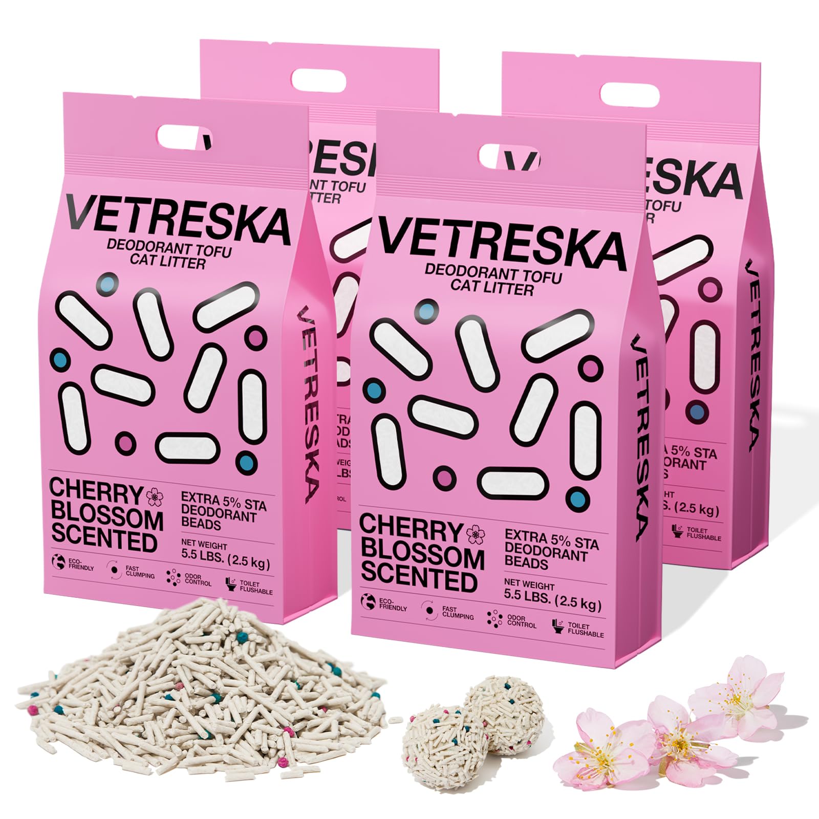 Vetreska Cherry Blossom Tofu Cat Litter,Natural Pretty Kitty Litter Strong Clumping Flushable Cat Litter Pellets Ultra Absorbent