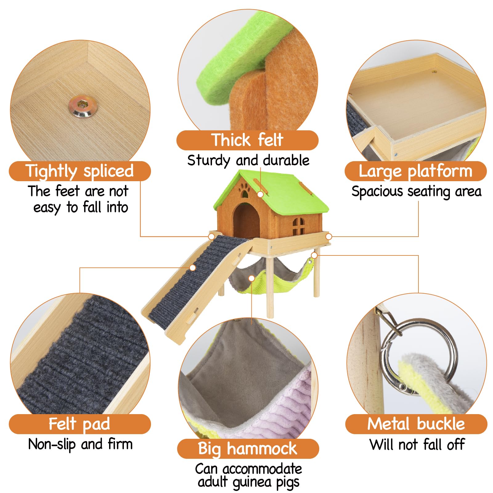 Besnew 3 In 1 Enlarged Guinea Pig Hammock With House & Platform,Wooden Guinea Pig Hideout With Hammock & Stairs Small Animal Toy