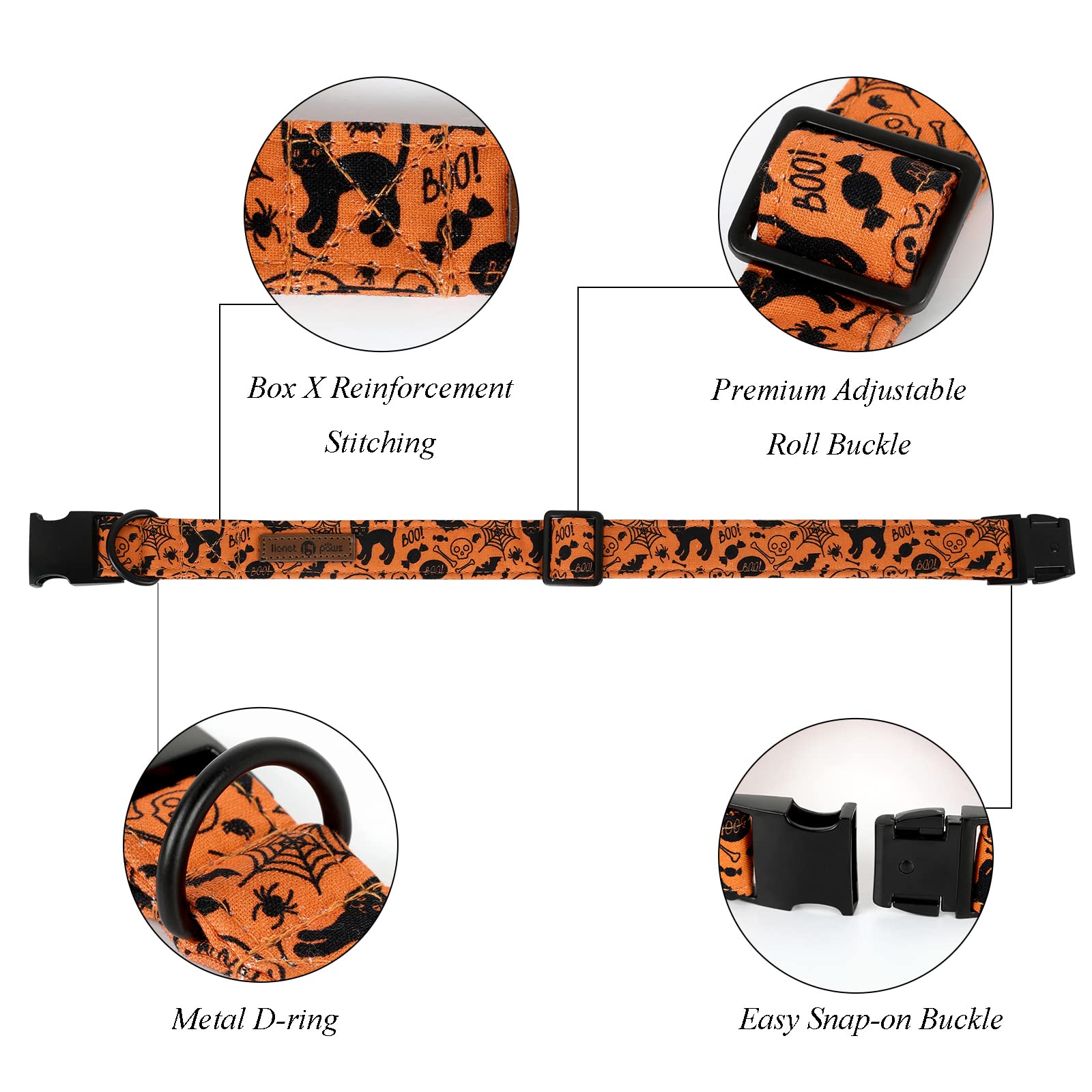 Lionet Paws Halloween Dog Collar With Bowtie - Cute Cotton Adjustable Fall Bowtie Dog Collar With Metal Buckle For Small Medium Large Dog Girl Boy Gift, Xs, Neck 8-12In
