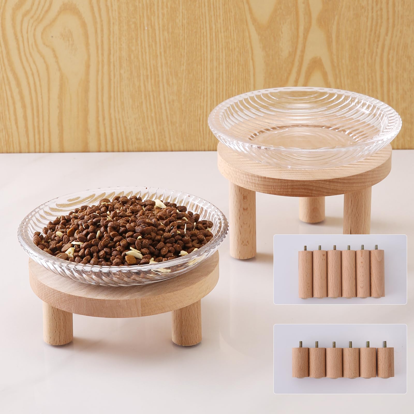 Raised Whisker Fatigue Cat Bowl. Glass Cat Bowls Elevated With Wooden Legs In 2 Heights. Protect The Spine And Prevent Vomiting.