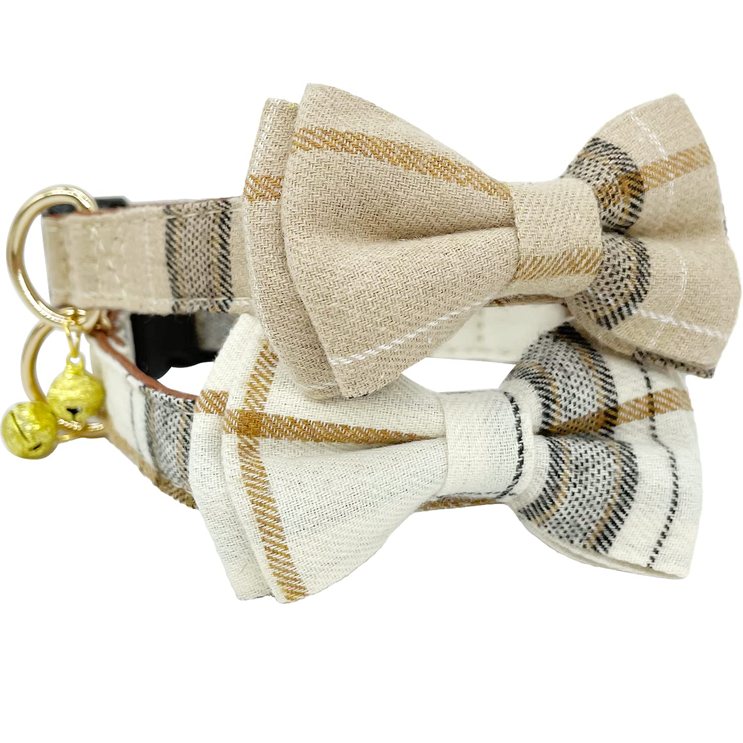Kudes 2 Pack/Set Dog Collars With Bow Tie And Bells, Adjustable Cute Dog Bow Ties Collar For Small/Medium/Large Boys And Girls Pets (Beige & Brown, S(9.6''-13.8''))