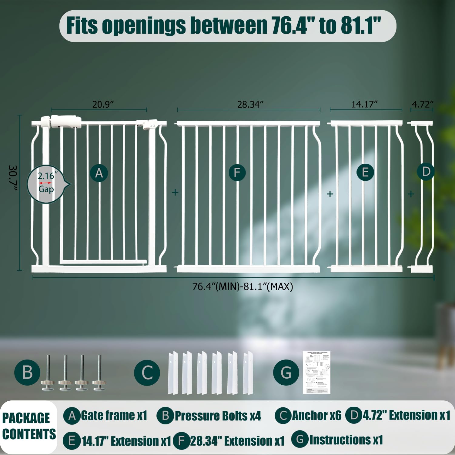 Heavy Duty Baby & Dog Safety Gate - Extra Wide 76.4-81.1 Inch, White Metal, Tension Mounted No Drilling Pet Gate for Stairs & Do