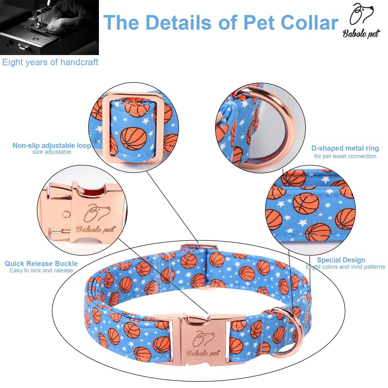 Babole Pet Adjustable Boy Dog Collar - Cute Blue Basketball Print Dog Collars For Small Dogs, Durable Pet Heavy Duty Metal Buckl