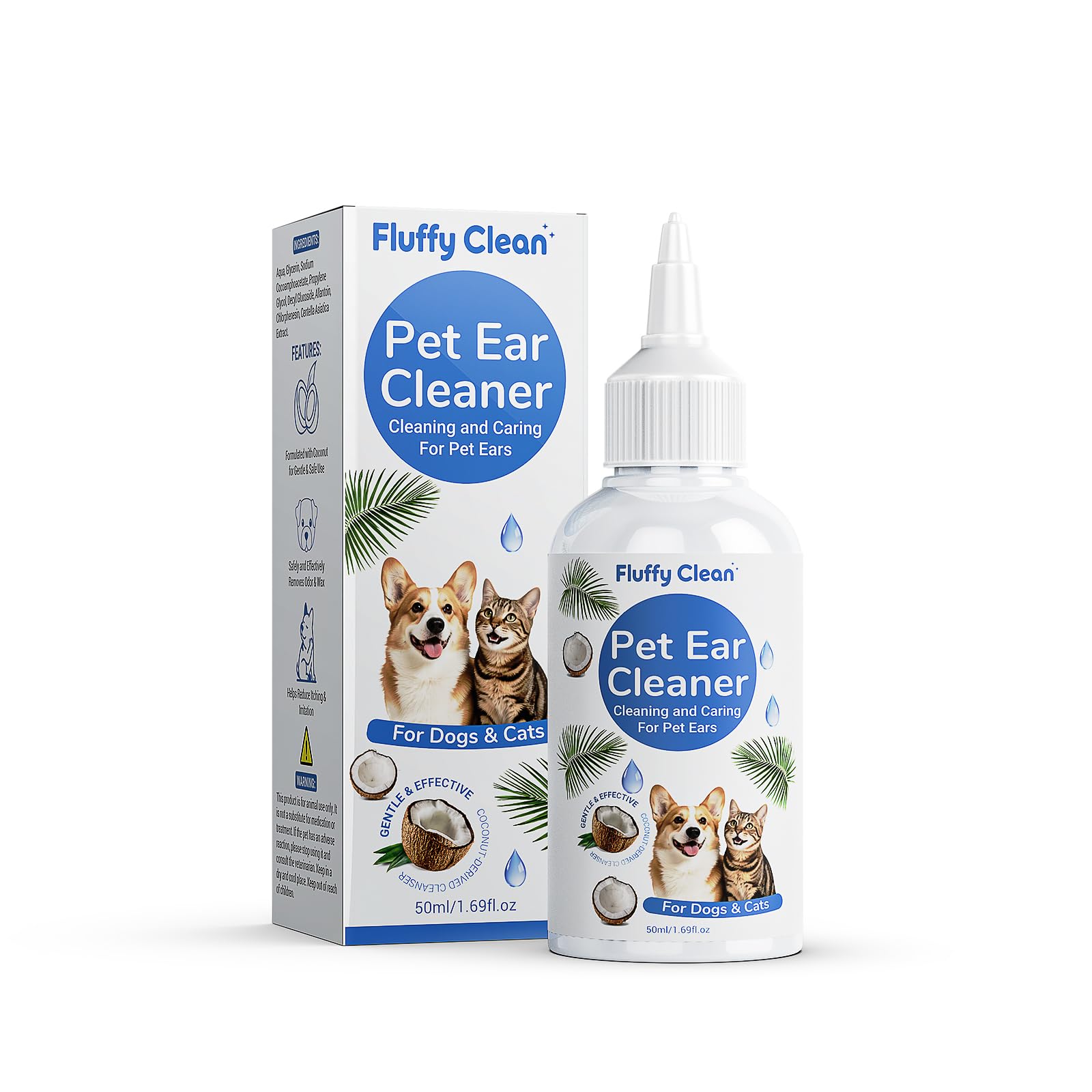 Fluffy Clean Ear Cleaner for Dogs & Cats - Gentle Non-Irritating Formula, Ear Cleaning & Care for All Ages, Removes Built-up Wax