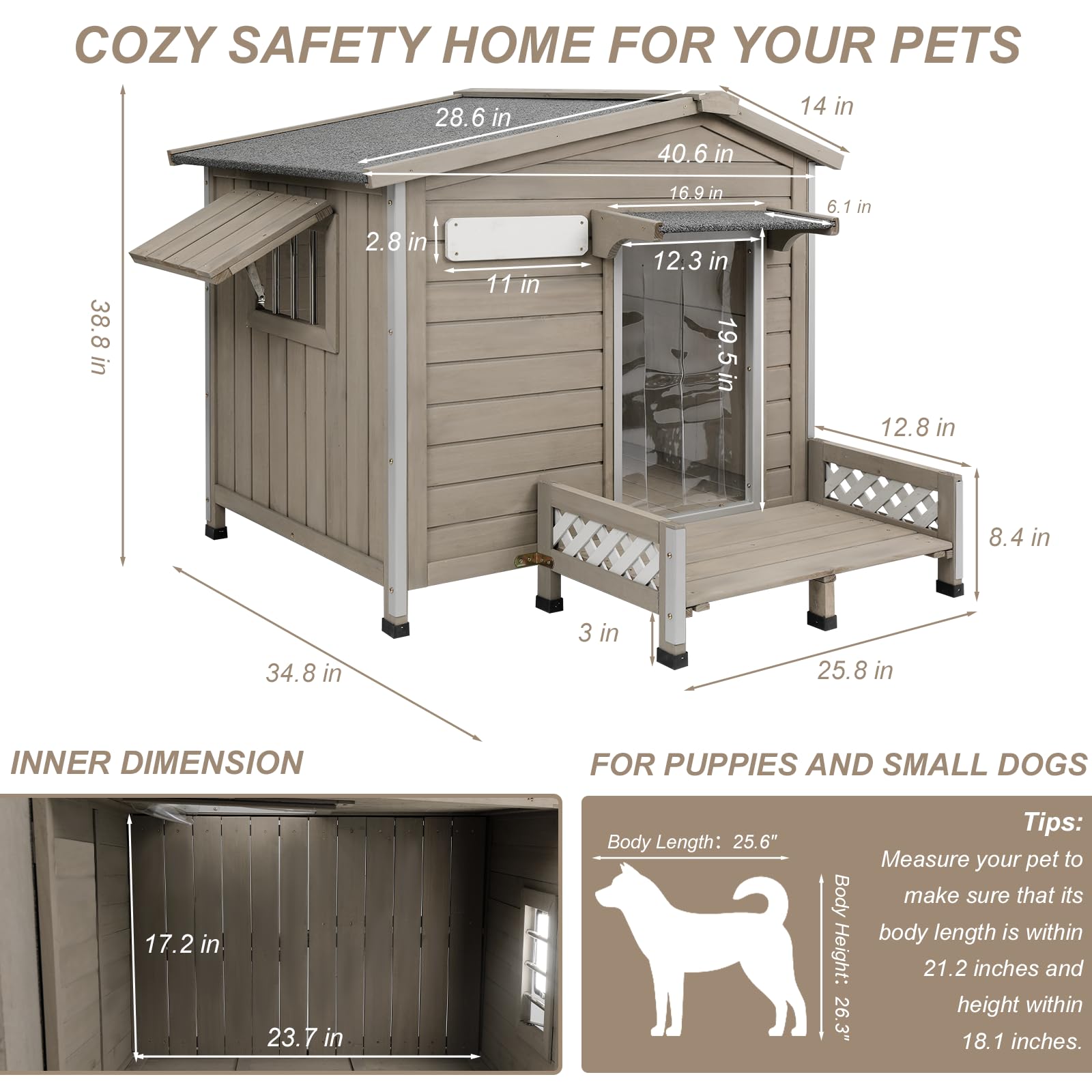 Petscosset Wooden Dog House Outdoor, Weatherproof Durable Dog Kennel Outside With Porch, Anti-Chewing Iron Frame Dog House For S