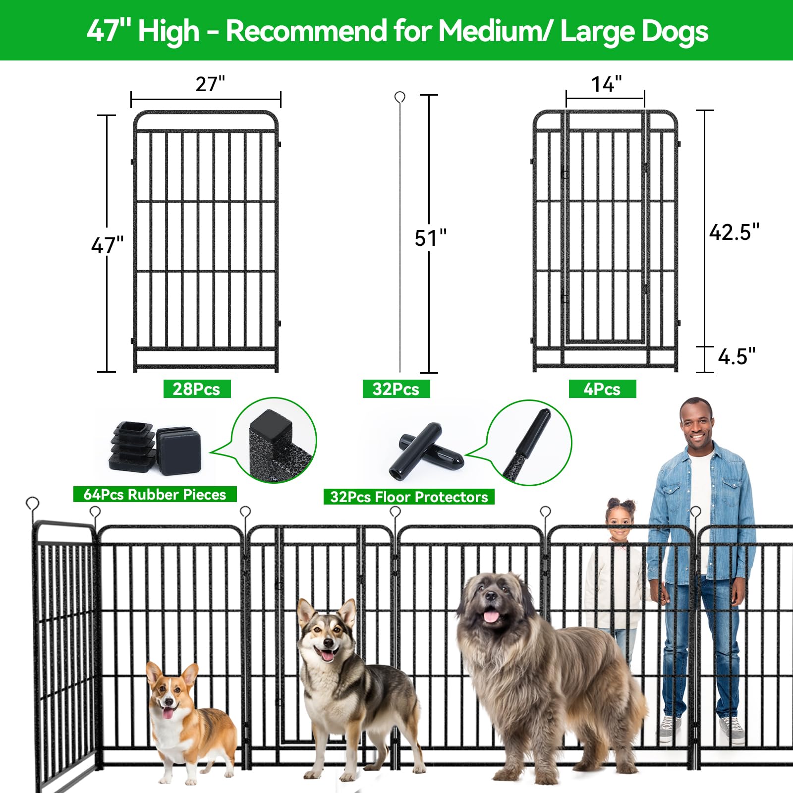 Dog Playpen Outdoor 32 Panels Heavy Duty Dog Fence 47'' Height With Thick Pipe Anti-Rust With Doors Portable For Rv Camping Yard