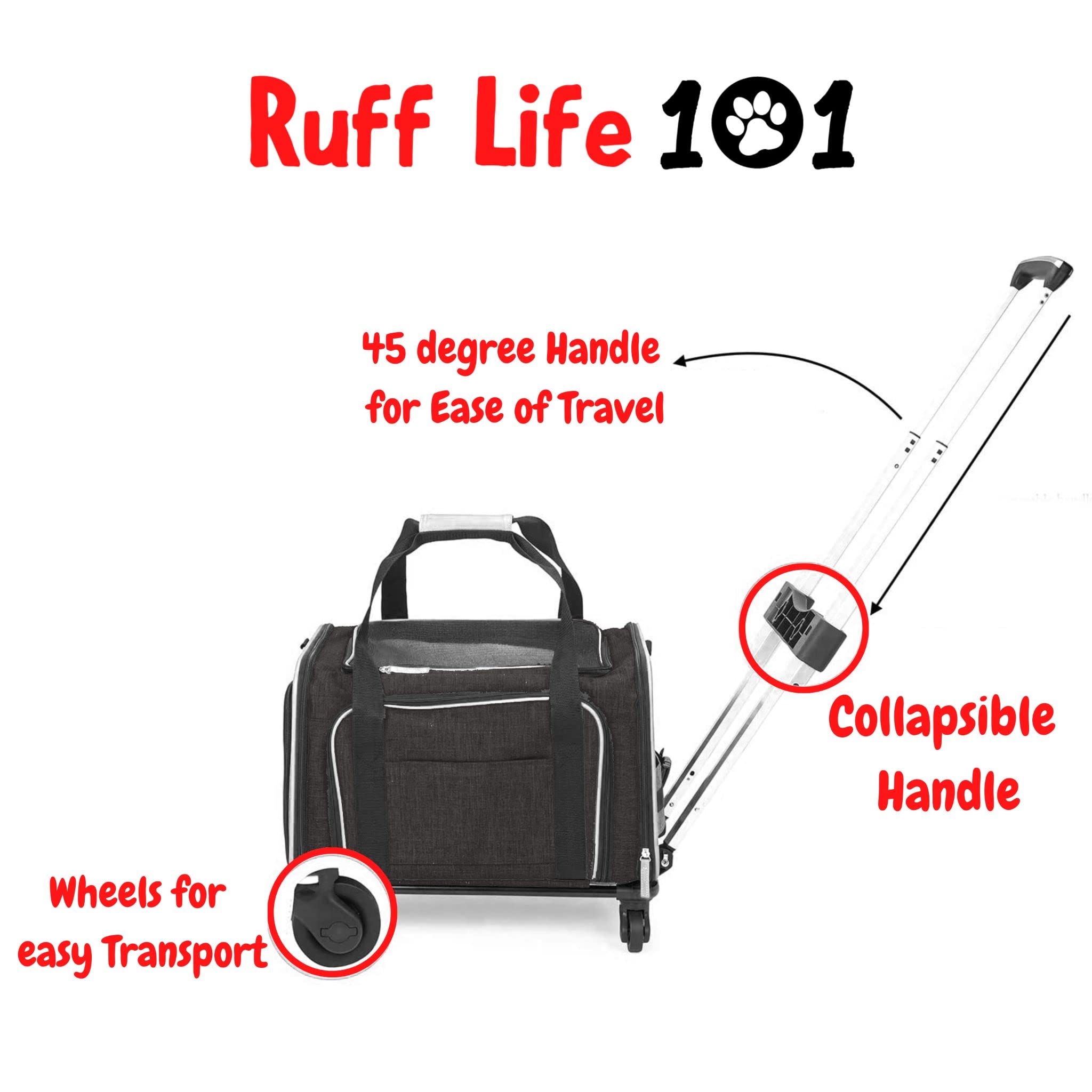 RUFF LIFE 101 Airline Approved Expandable Premium Pet Carrier on Wheels- Two Sided Rolling Carrier- Designed for Dogs & Cats- Ex