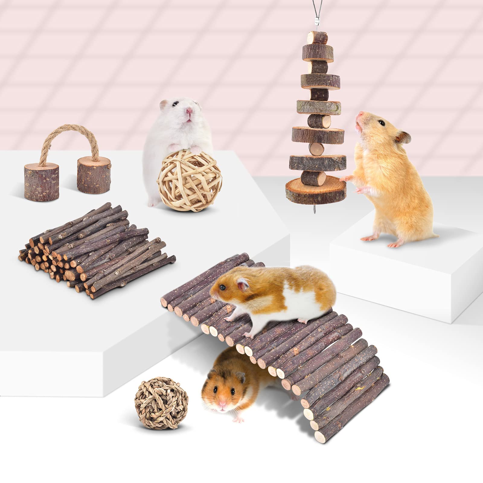 Erkoon 11 Pack Chinchillas Chew Toys, Toys Accessories For Teeth Care, Natural Apple Wood Ladder Bell Roller For Russian Hamster