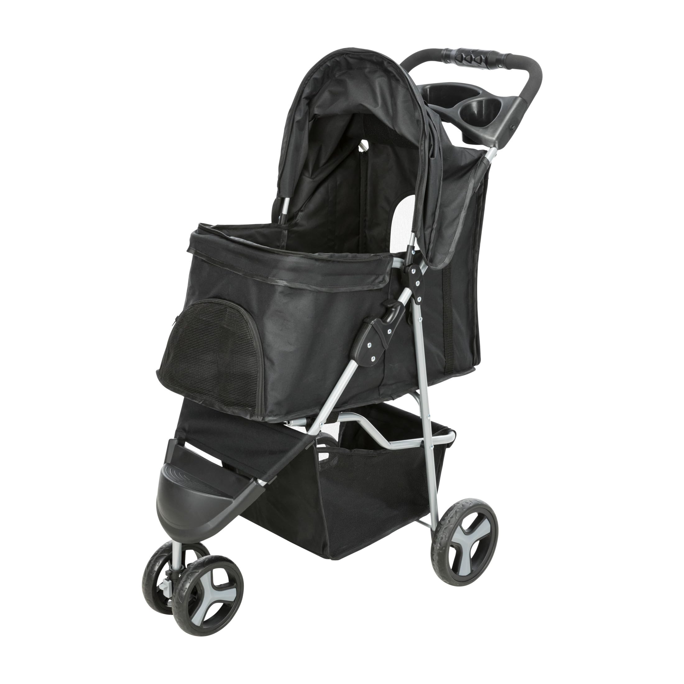 Trixie Foldable Pet Stroller For Cats And Dogs, Pet Carrier Strolling Cart With Weather Cover, Storage Basket, Cup Holder, Black