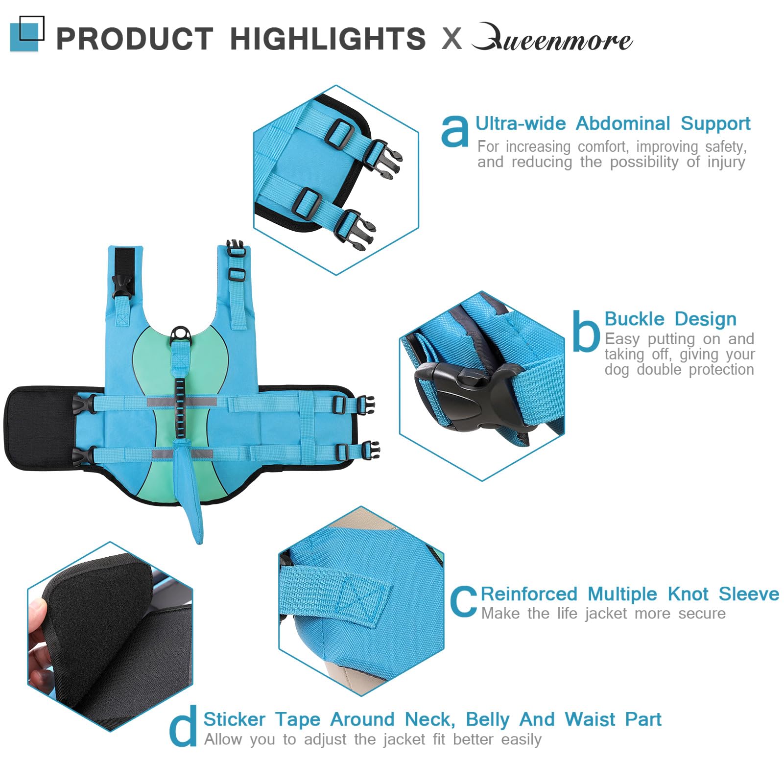 Queenmore Shark Dog Life Jacket, Dog Life Vests For Boating, High Buoyant Pet Life Vest For Swimming, Adjustable Easy On Cat Lif