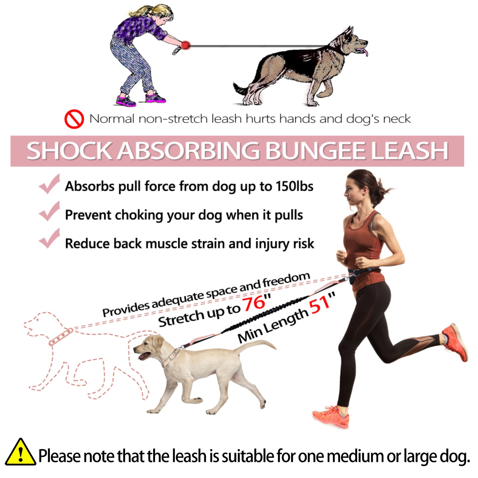 Hands Free Dog Leash Bungee Retractable Dog Running Waist Leash For Running Walking Jogging Training Hiking With Medium To Large Dogs, Adjustable Waist Belt Pouchouch, Reflective Stitches, Dual Handle