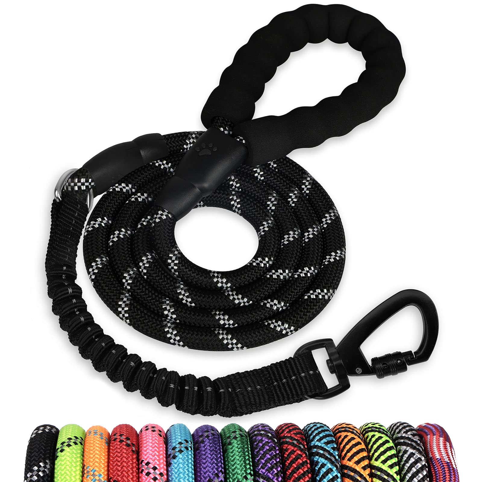 Rope Dog Leash 5 Ft: Heavy Duty Leashes With Swivel Lockable Hook Reflective Threads Bungee And Padded Handle - Dog Lead For Lar
