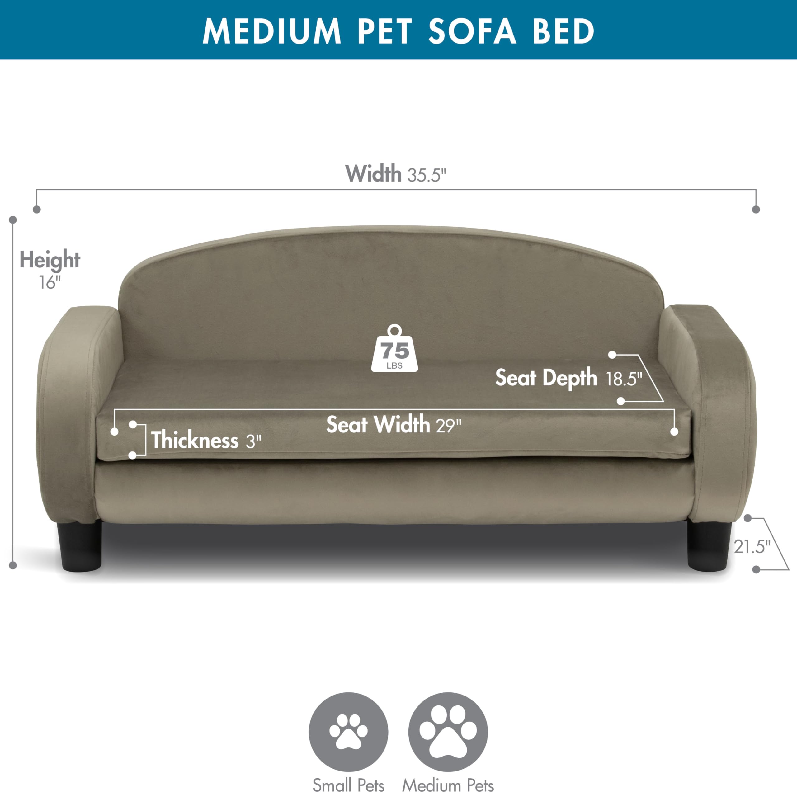 Paws & Purrs Dog Sofa Bed - 35.5'' Modern Pet Couch For Medium Size Dogs With Washable Removable Cover - Stylish Elevated Dog Be