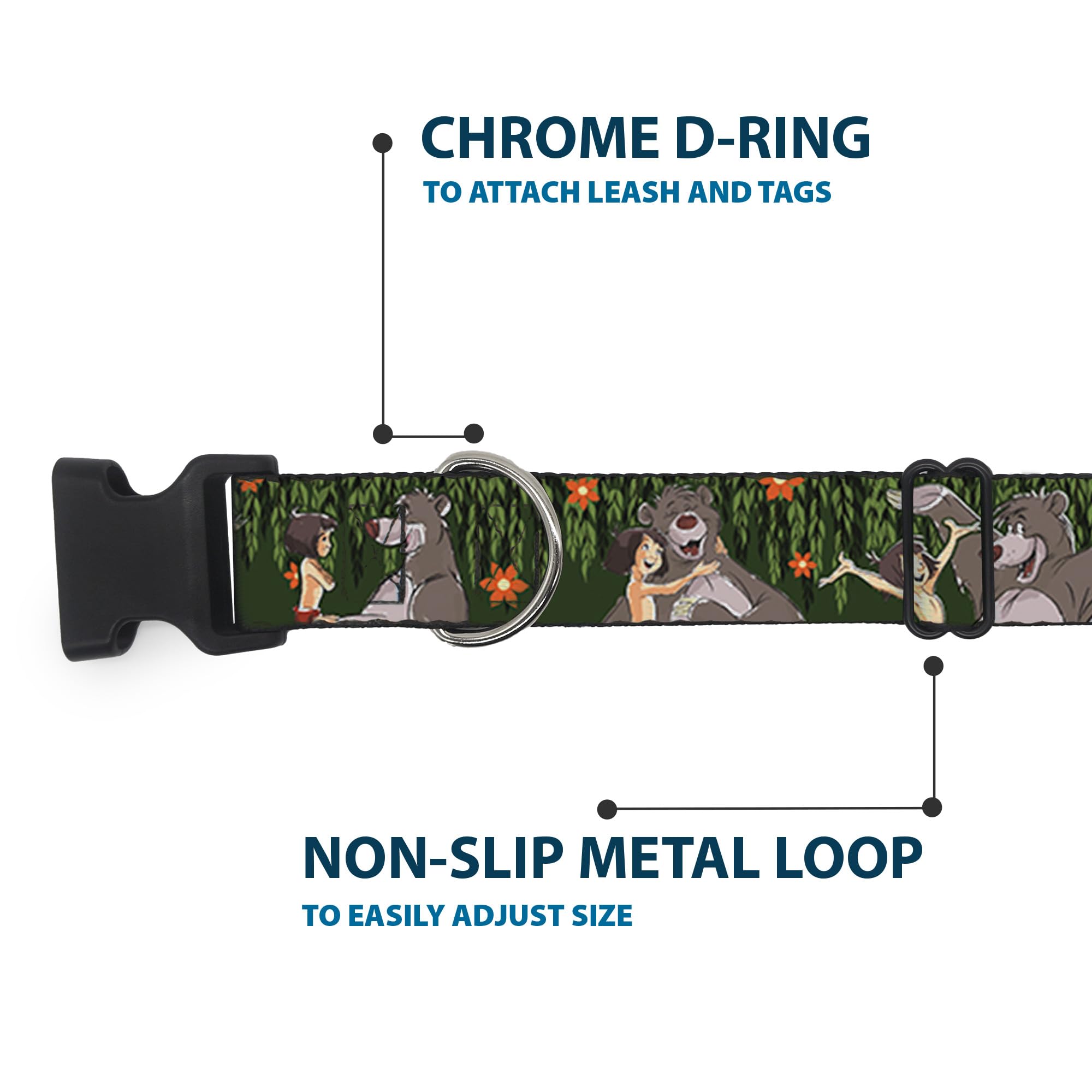 Buckle-Down Plastic Clip Collar - Mowgli & Baloo 3-Poses Leaves/Flowers Greens/Orange - 1' Wide - Fits 9-15' Neck - Small