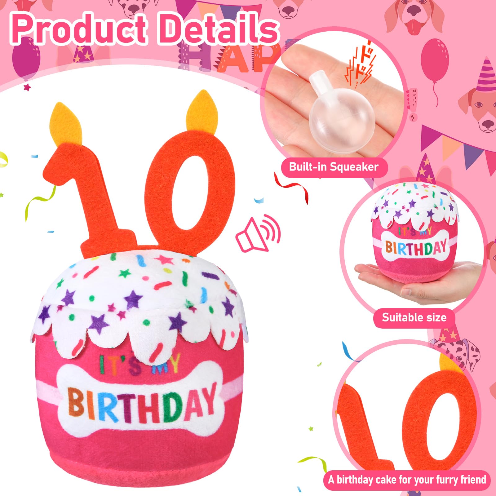 Dansydaisy Dog 10Th Birthday Cake Toy Accessories For Girl Boy Gifts, Pink Squeaky Plush Toy For Dog Birthday Party Decor Favor