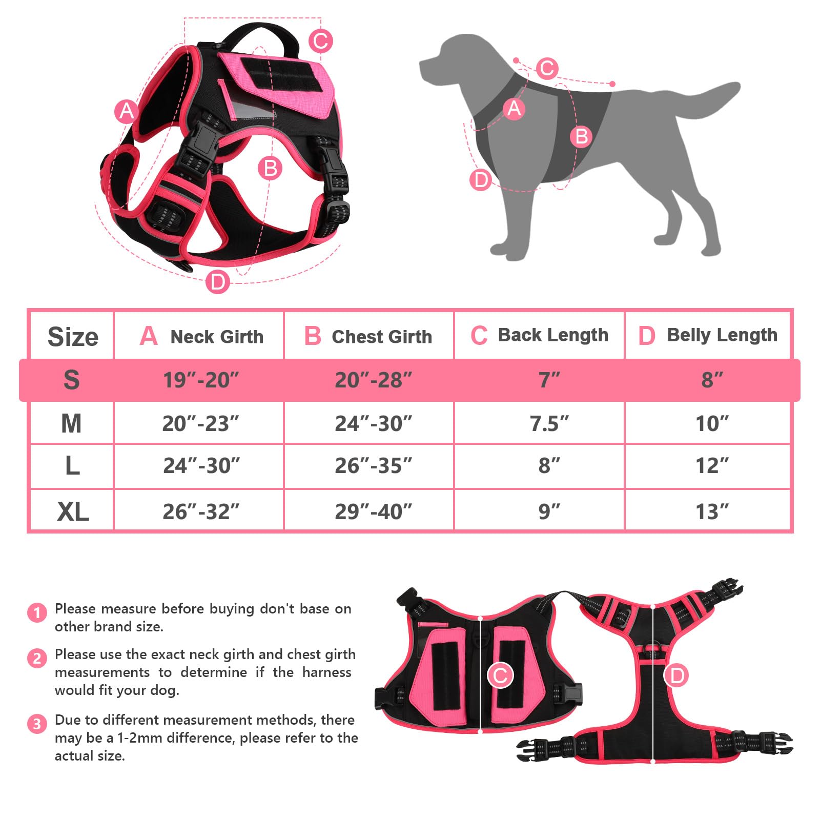 Wingoin Tactical Dog Harness For Small Dogs, No Pull Harness With Handle Pockets Poop Bag, Reflective Dog Vest, Military Service Heavy Duty Big Dog Harness For Walking Hiking Training, Black Pink, S