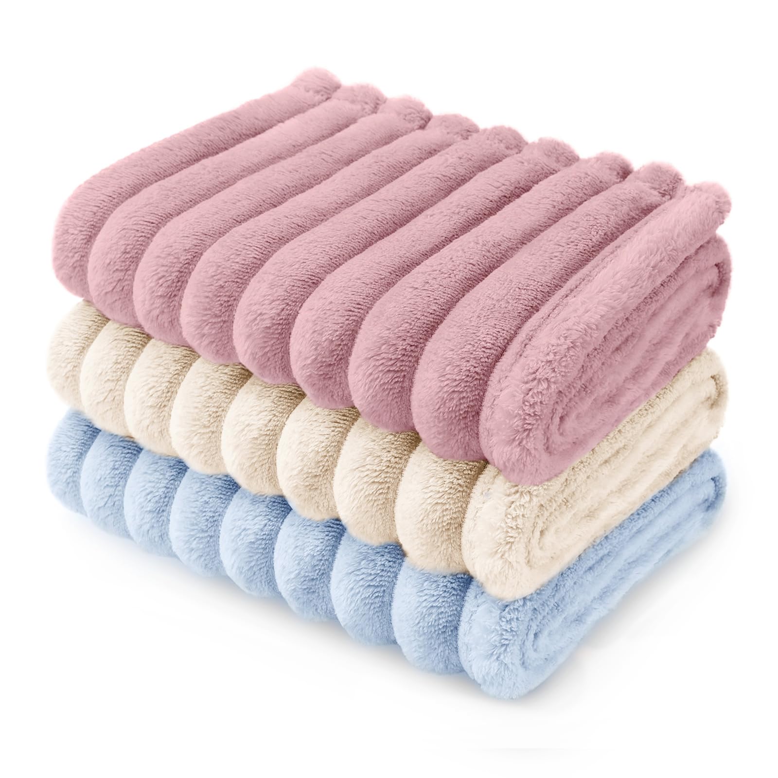 LINENLUX 1 Pack 3 Soft Dog Blanket Washable Warm Fleece Cat Blankets for Pet Puppy Fluffy Calming Flannel Pink/White/Blue Large