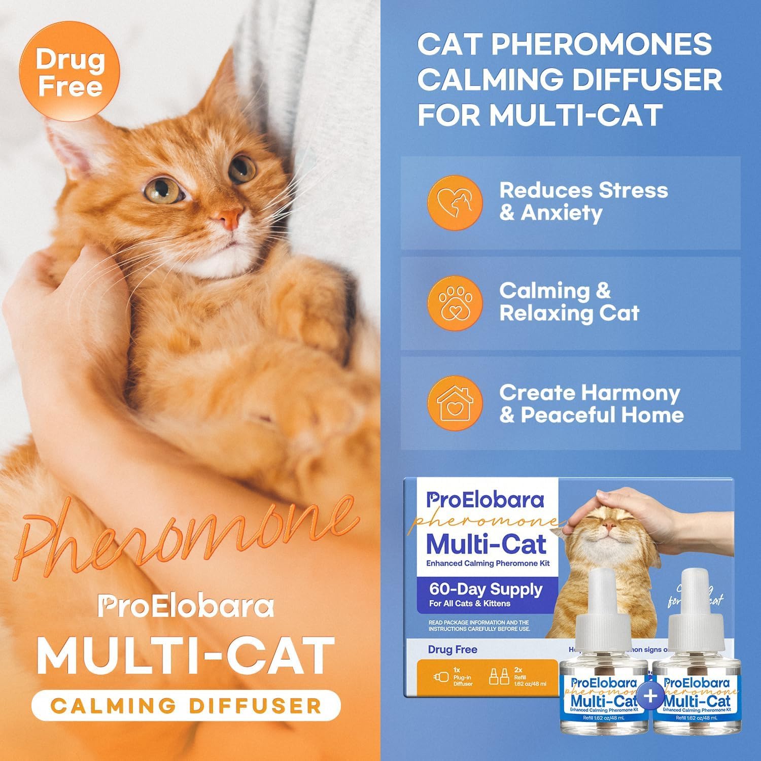 ProElobara Cat Calming Pheromone Diffuser: Cat Calming Pheromones Diffusers - Reduces Stress & Anxiety with Calming Pheromones