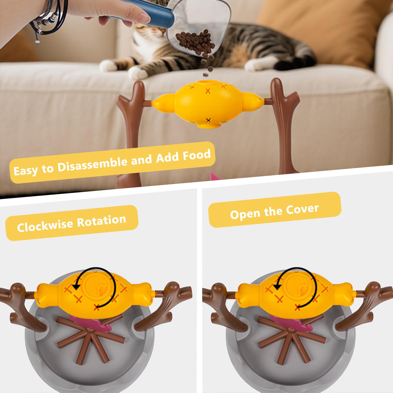 DFQ Cat Treat-Dispensing Slow Puzzle Feeder Bowls,Unique Rotatable Roast and Flame,Cognitive Training Game,Enrichment Interactiv