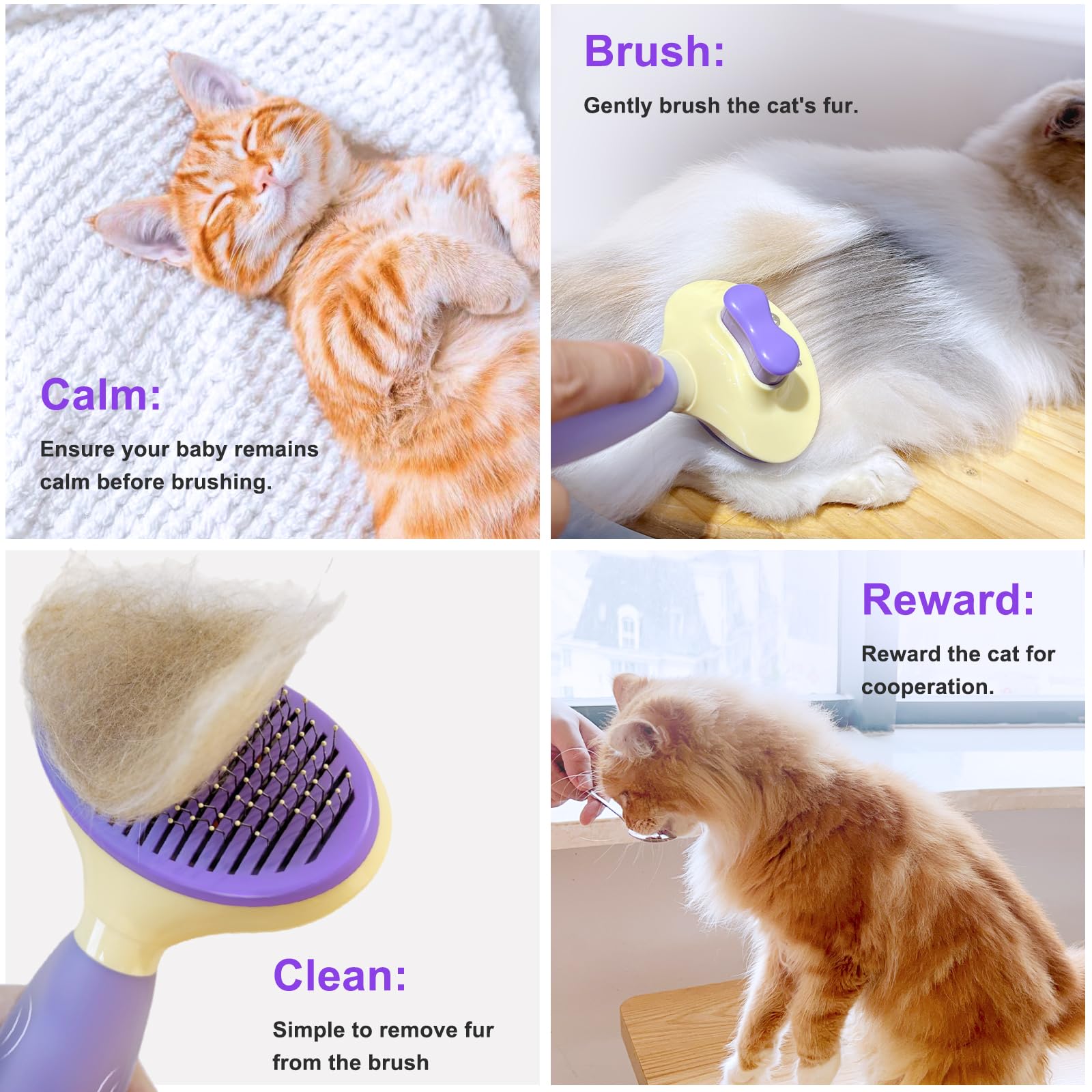 Cat Brush For Grooming And Shedding, Self-Cleaning Silicone Brush For Short And Long Haired Cats, Cat Gifts For Pet Lovers (Purp