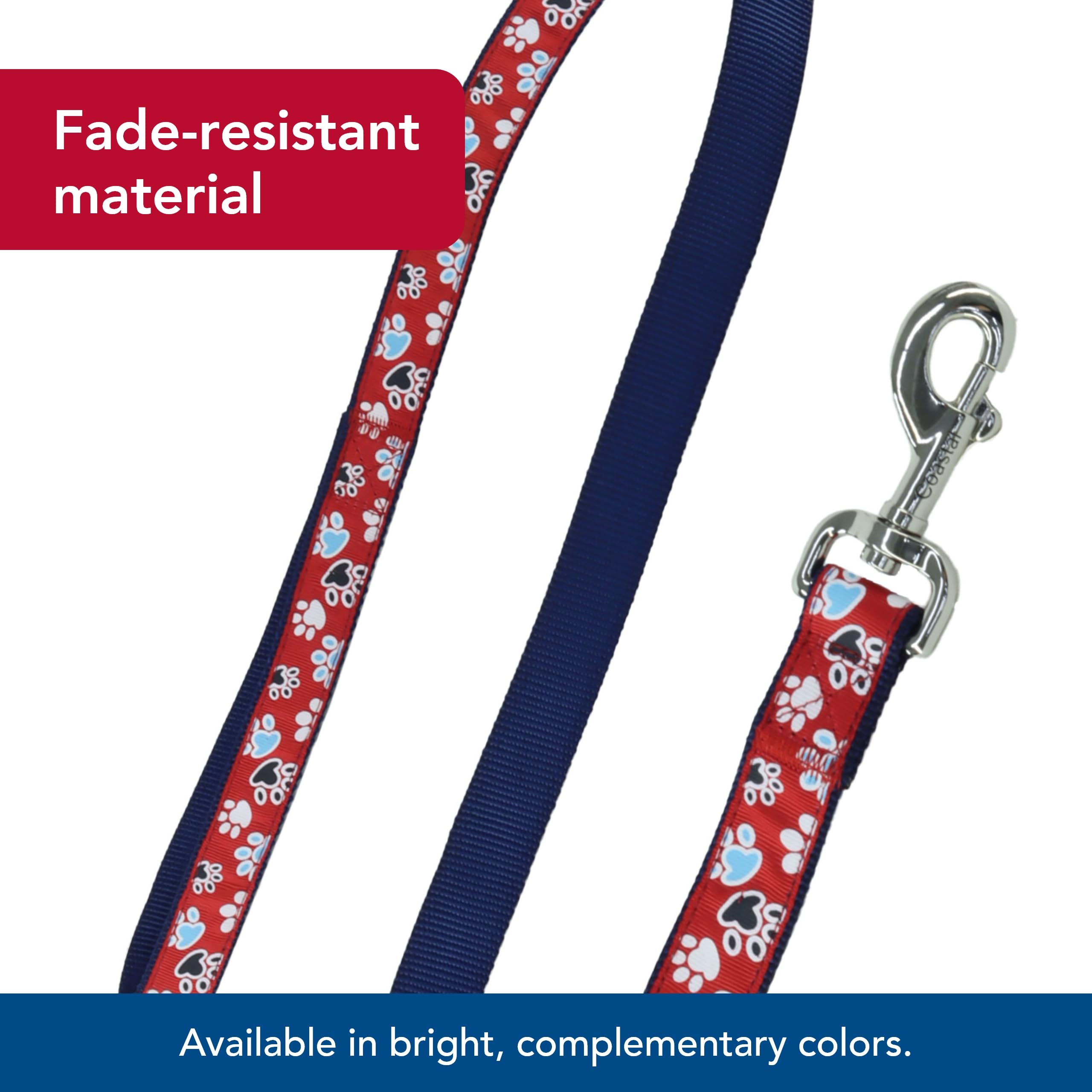 Coastal Pet Ribbon Dog Leash - Contemporary Stylish Look - Durable Fade-Resistant Nylon Material - Perfect For Dogs Red With Paws, 1' X 06'