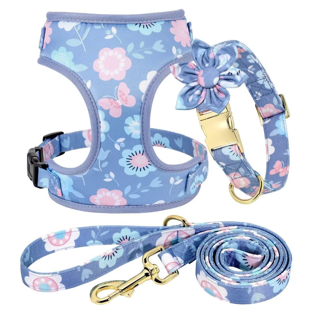 Beirui Cute Girl Dog Collars, Harnesses & Leashes Set - Adjustable Dog Collar And Leash Set With Flower - Soft Mesh Dog Vest Harness For Puppies Small Medium Dogs (Purple,S)