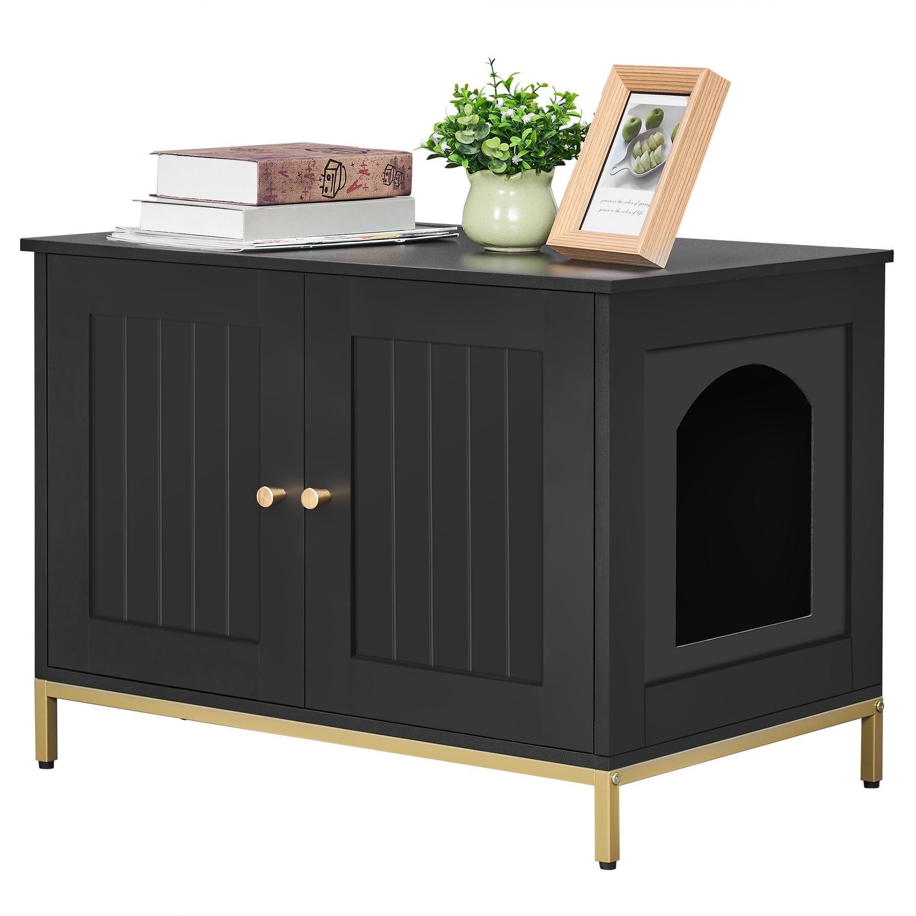 Homhedy Cat Litter Box Enclosure, Cat Washroom Furniture With Metal Frame, Pet House, Fit Most Of Litter Box, Modern Style, Blac