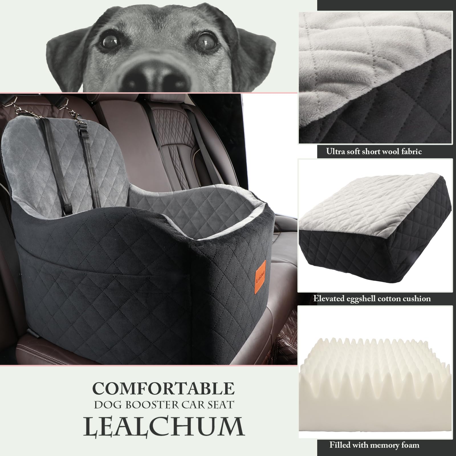 Lealchum Dog Booster Car Seat for Small/Medium Dogs,6in Memory Foam Elevated Cushion,Fully Detachable and Washable,2 Clip-On Saf