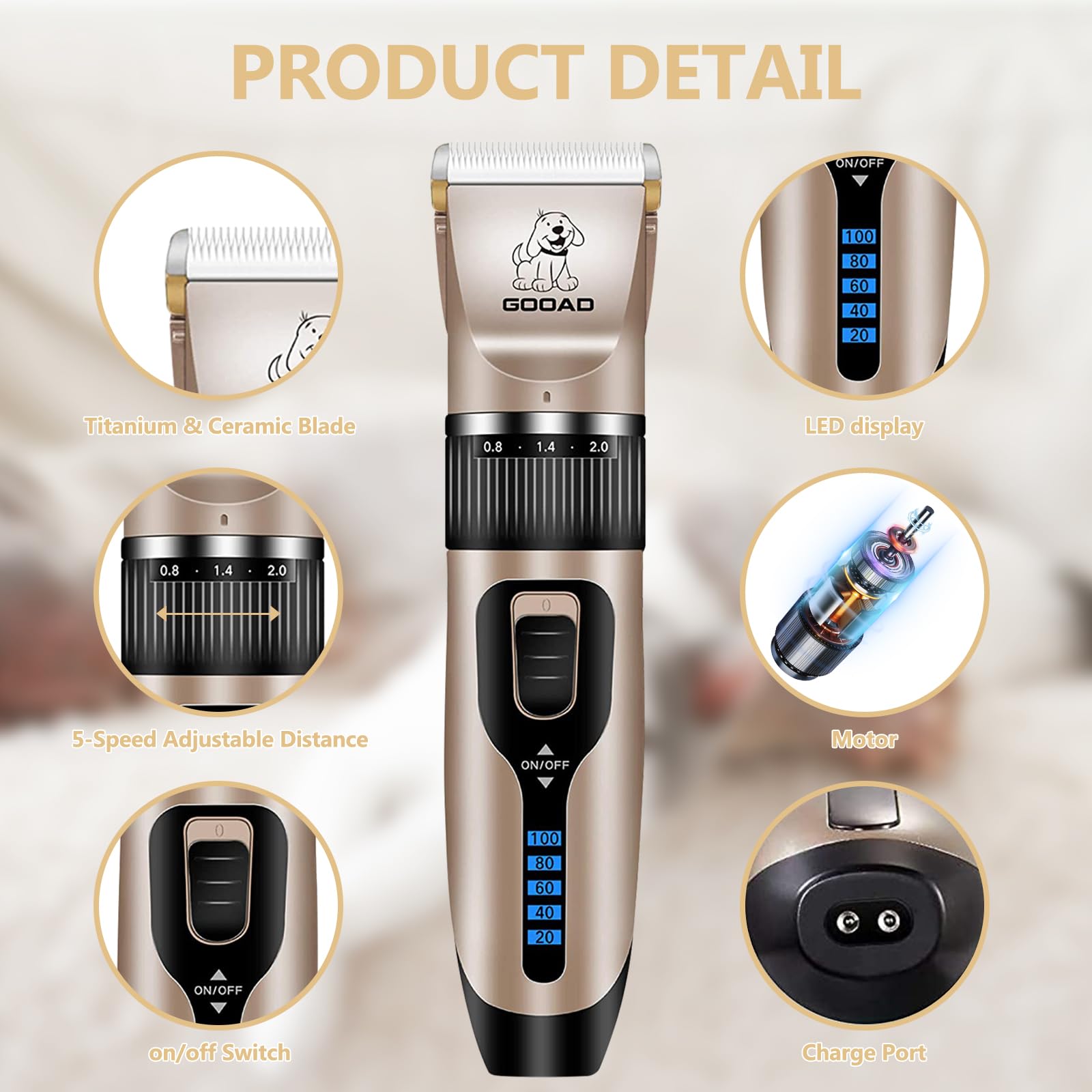 Gooad Dog Clippers - Low Noise Rechargeable Cordless Grooming Kit for Heavy Coats - Gold & Black