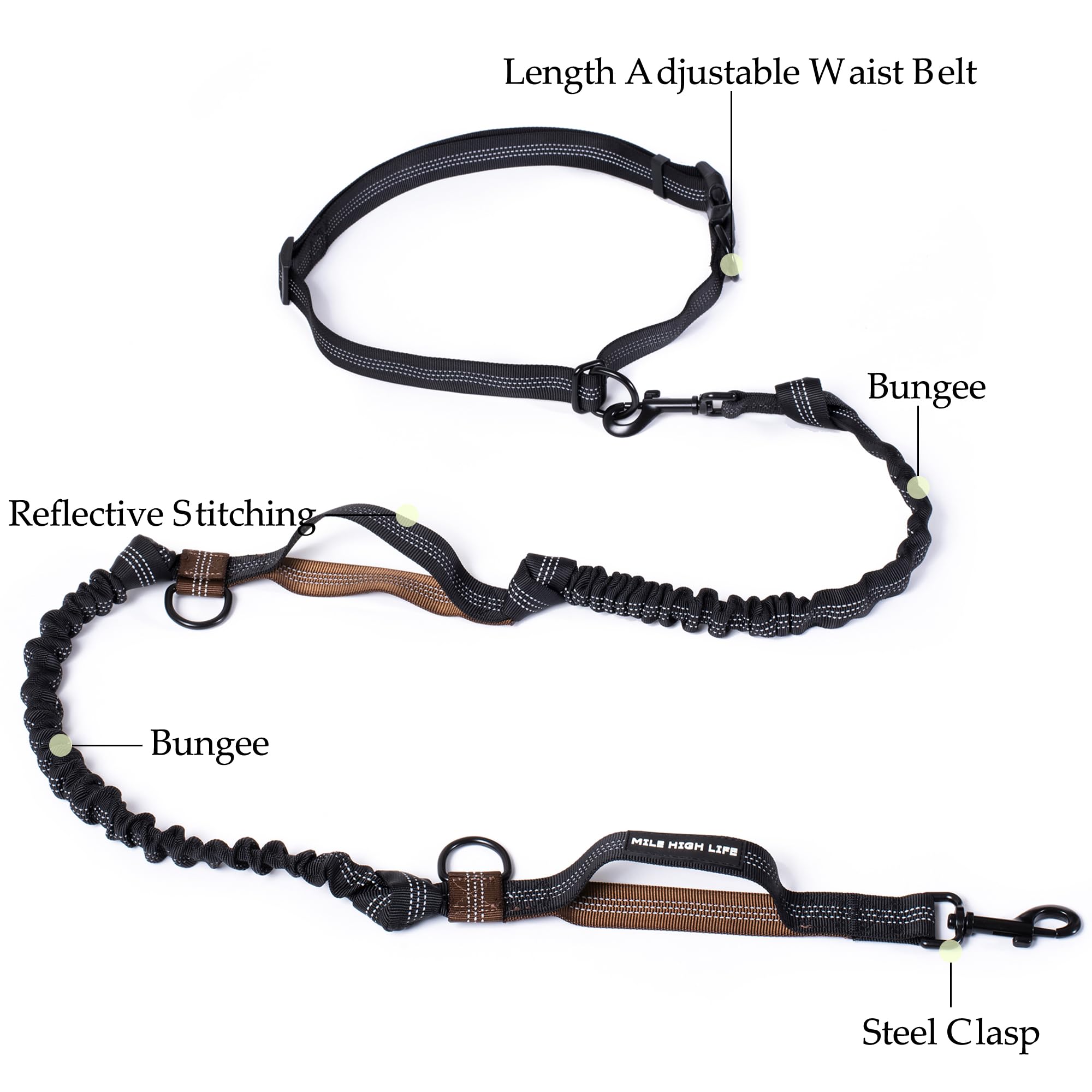 Mile High Life | Retractable Hands Free Dog 7Ft Leash | Waist Running Adjustable | Reflective Dual Black Bungees | Dual Handles | Small Medium Large Dogs | (Brown)
