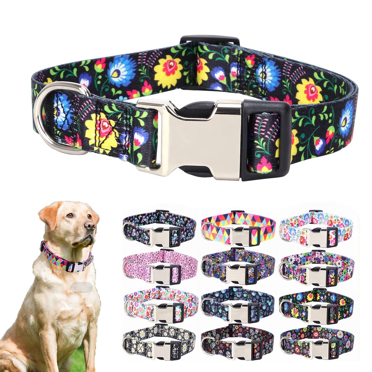 Floral Dog Collars Xs, Pretty Pattern Print Yellow&Blue Flower Dog Collar Metal Buckle Durable Soft Female Puppy Collars For Xsm