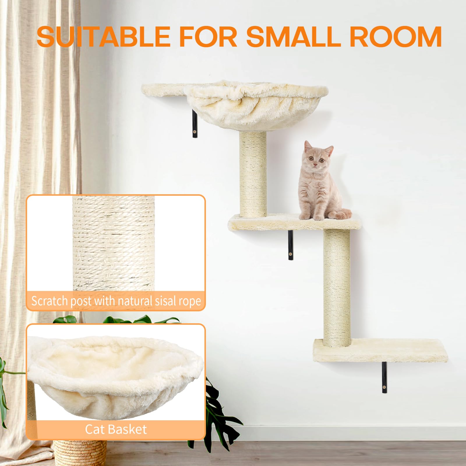 Cat Wall Furniture,Wall-Mounted Cat Climber Set With Cat Wall Shelves, Perches, Condo House, Ladder, Scratching Board & Tree - 5