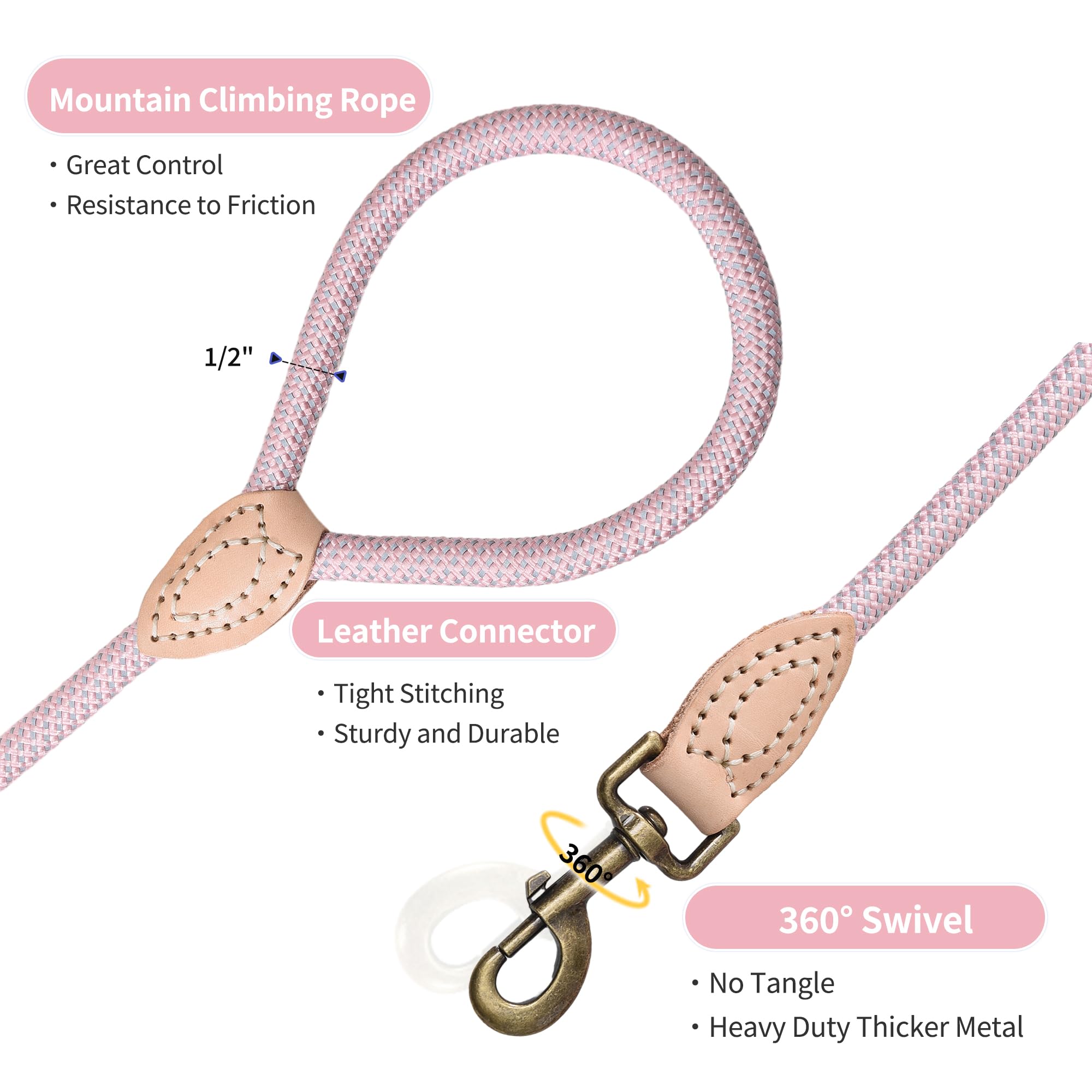 Mile High Life | Chew Proof Dog Leash | Dog Rope Leash | Reflective Dog Leashes | Climbing Rope Dog 4Ft Leash W Leather Tip(Pink, 60 Inch)