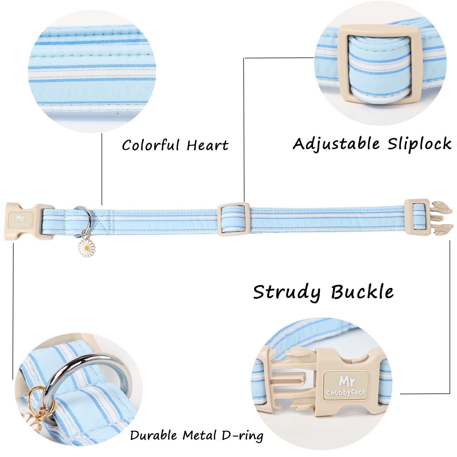 Mr.Chubbyface Cotton Dog Collar, Cute Blue Summer Puppy Collar With Plastic Buckle, Adjustable Soft Natural Fabric Pet Collar Fo