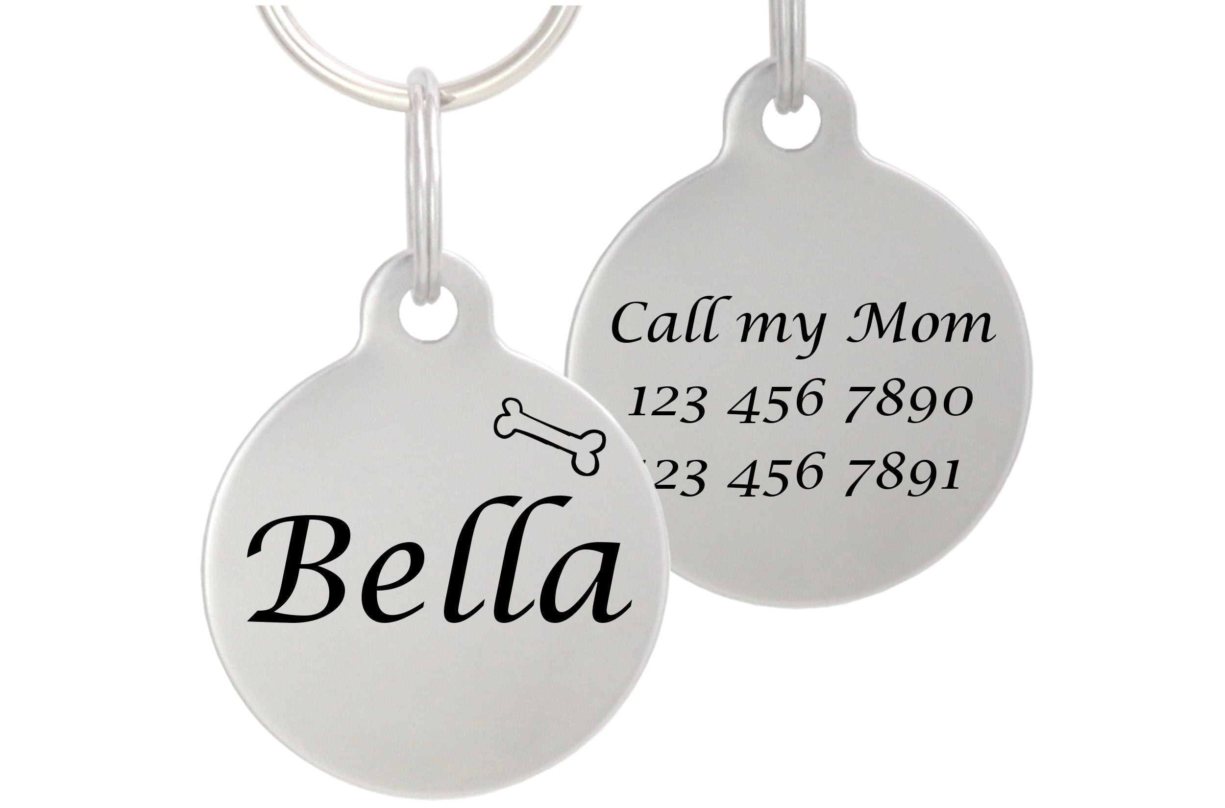 Double Sided Laser Etched Stainless Steel Pet Id Tag For Dog And Cat Engraved And Personalized 1' Round Shape (Bone)