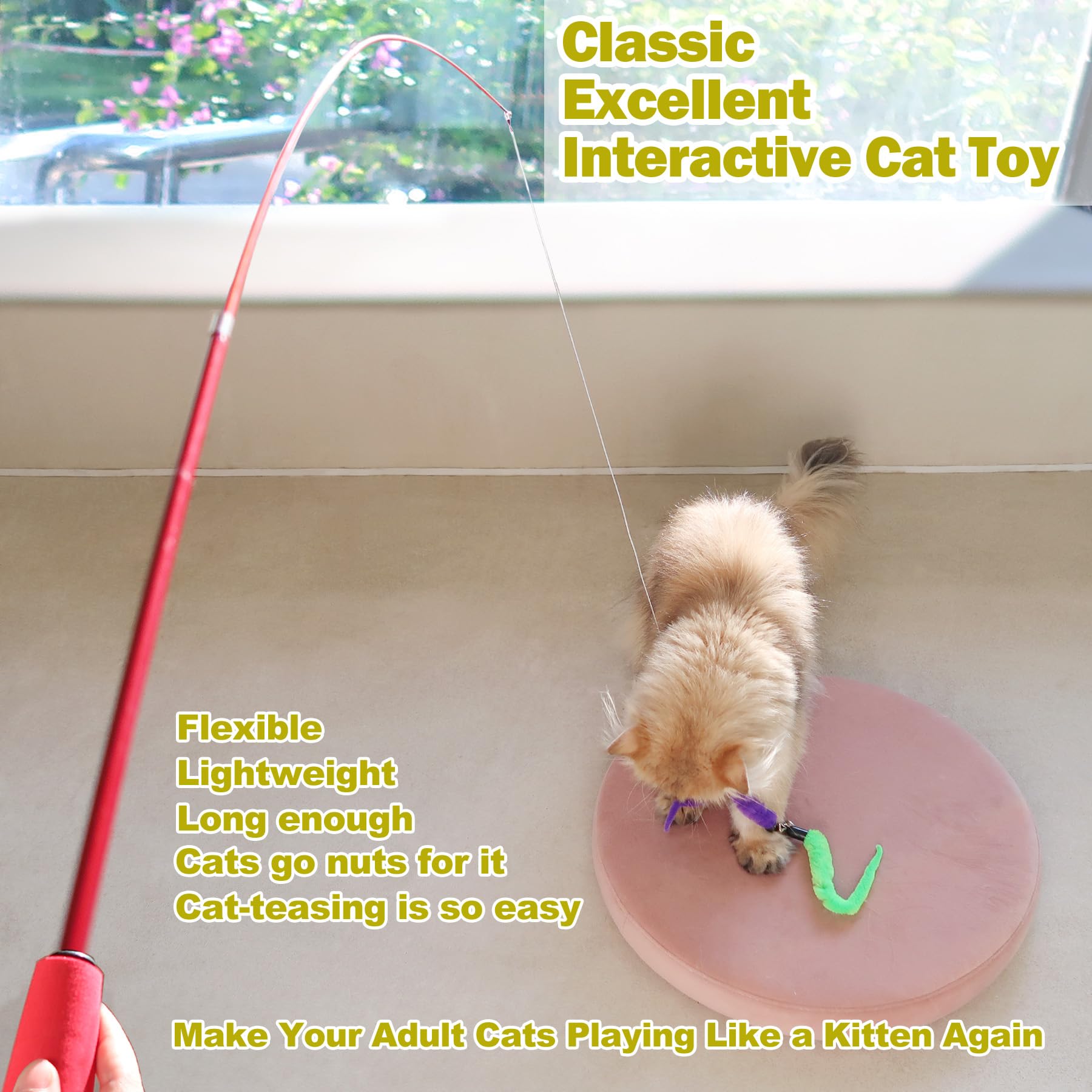 Meohui Interactive Cat Toys - Retractable Wand Toy And Feather Toys Refills For Indoor Cats To Chase And Exercise