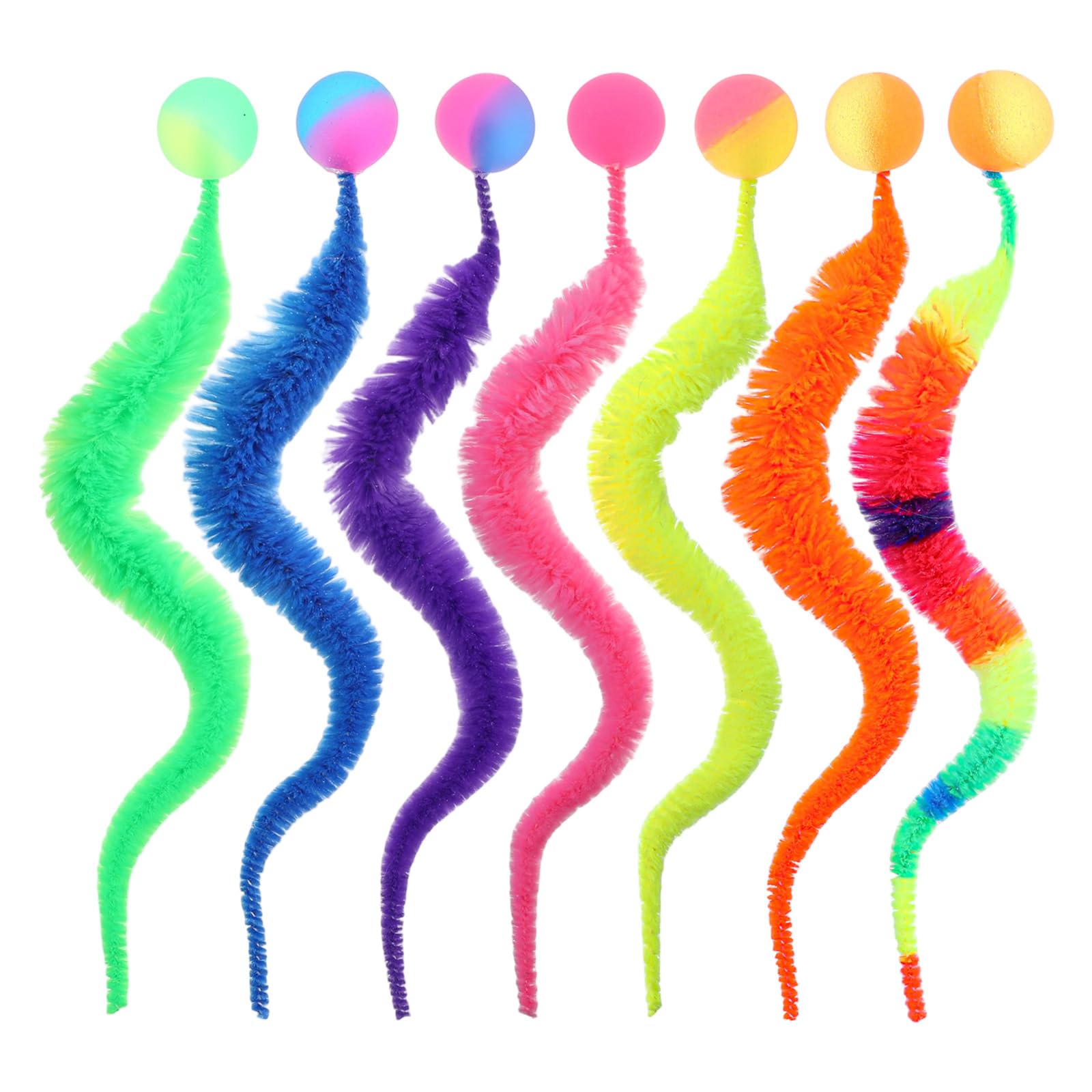 Kalione 7 Packs Bouncy Balls With Tail For Cats Multicolor Worm Cat Toy Interactive Fuzzy Worm Teasers With Small Bouncy Balls F