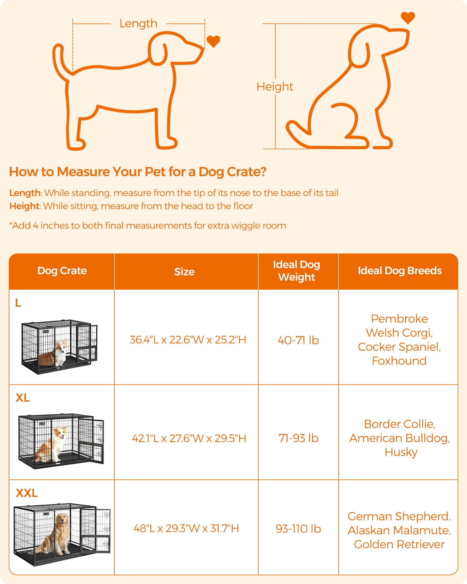 Feandrea Heavy-Duty Dog Crate, Metal Dog Kennel and Cage with Removable Tray, XL for Medium and Large Dogs, 42.1 x 27.6 x 29.5 I