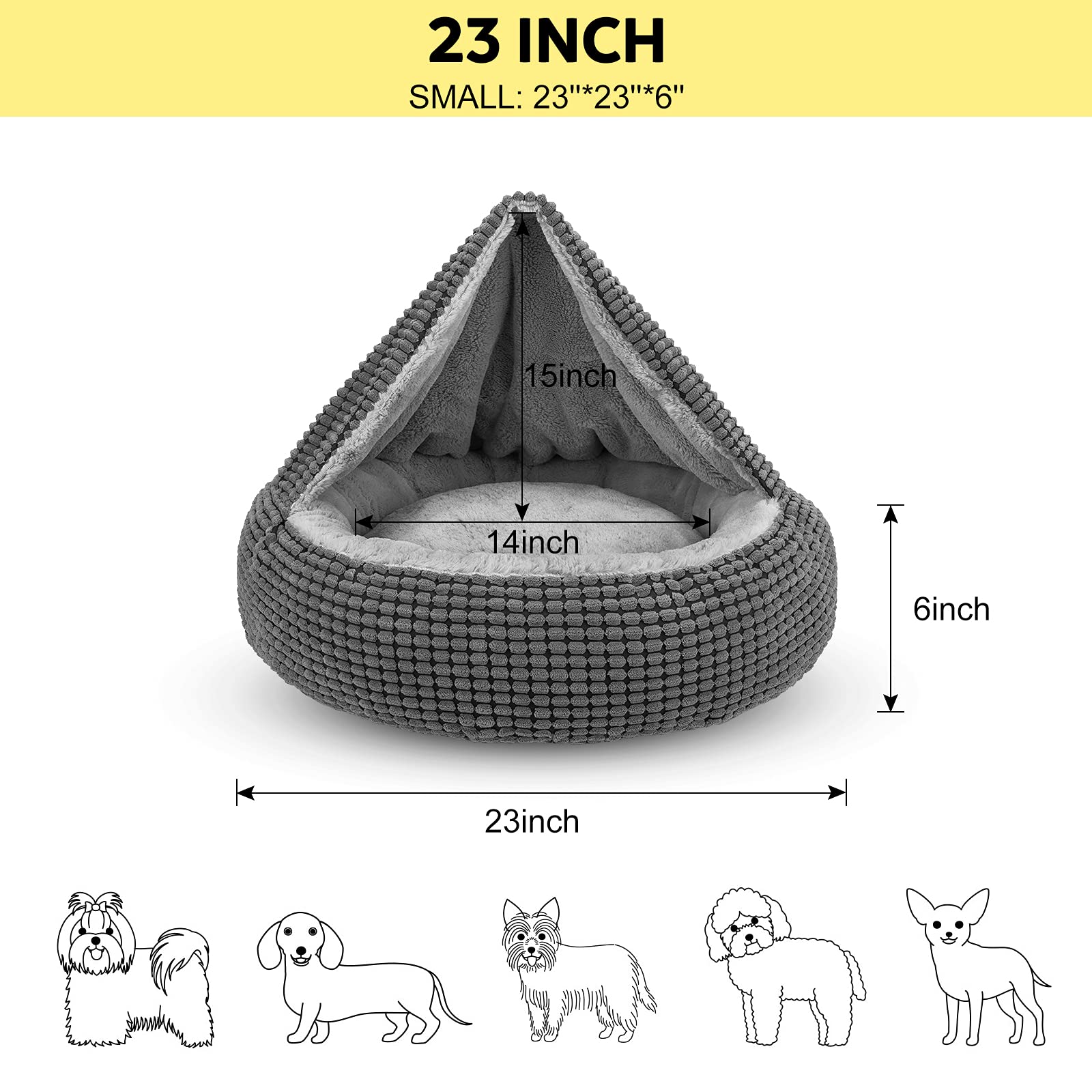 Siwa Mary Small Dog Bed With Attached Blanket, Cozy Donut Cuddler Anti-Anxiety Hooded Pet Beds Calming Cave Bed. Orthopedic Roun