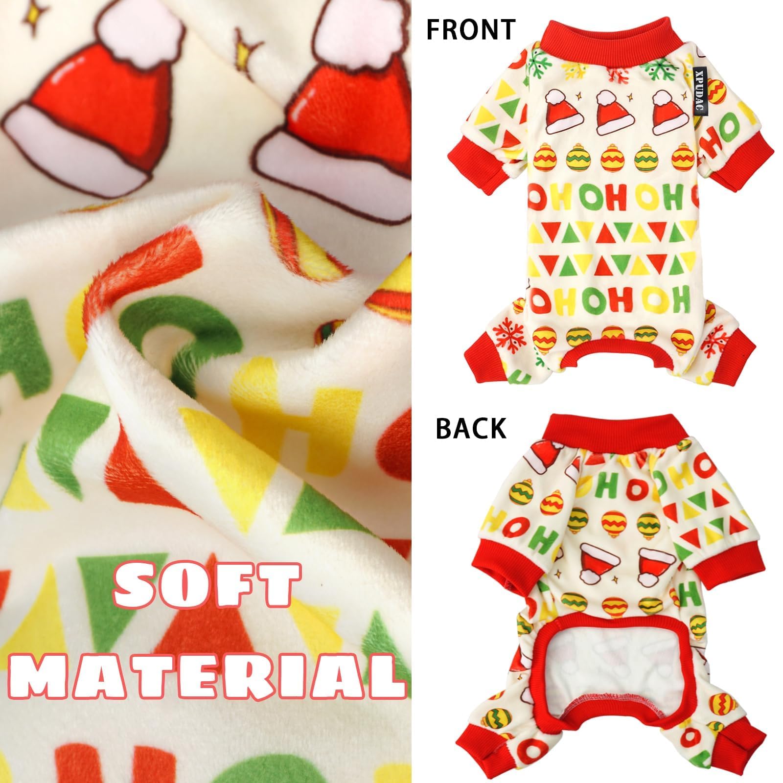 Xpudac 4 Piece Dog Christmas Outfit Pajamas Santa Claus Pet Clothes Cute Snowman Dog Pajamas Costumes For Dogs Girl Boy, Red Green Large