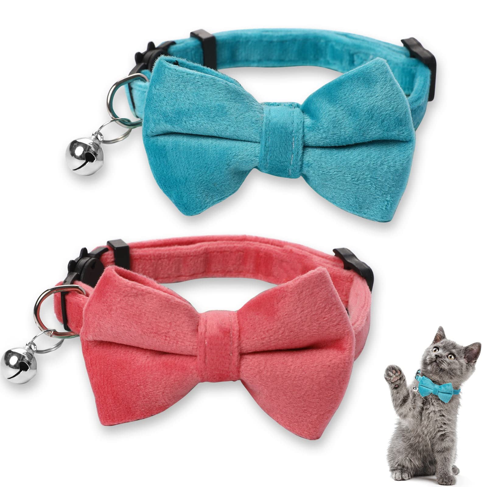 2 Pcs Velvet Cat Bow Tie Collar Breakaway Cat Collar With Bell Adjustable Bowtie Kitten Small Puppy Safety Collar Solid Color Se