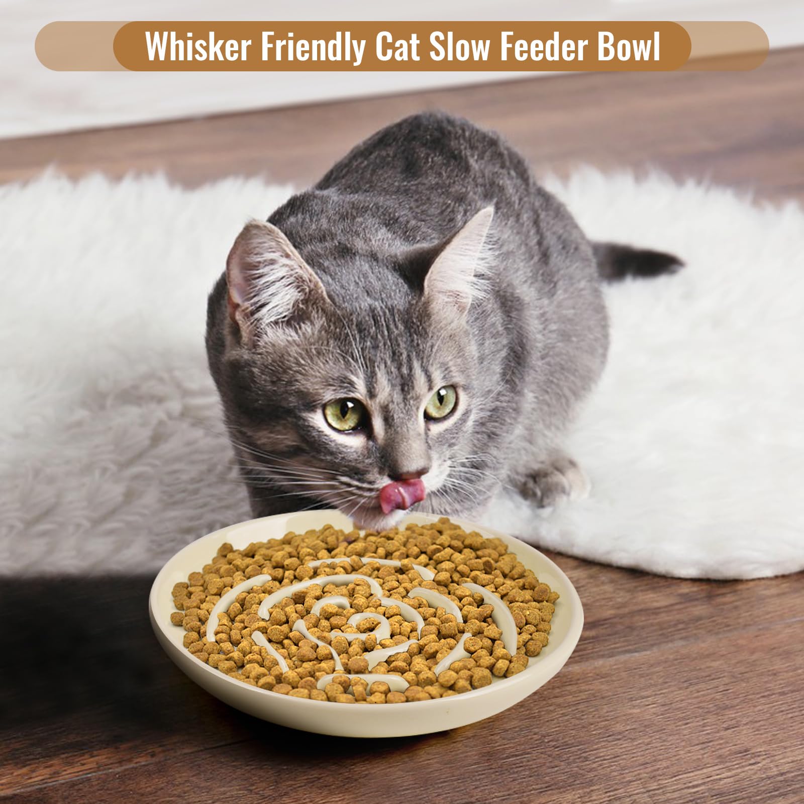 Lfpkixise Slow Feeder Cat Bowl Set of 2, Ceramic, Whisker Friendly, Anti-Vomiting, Cream, Model SL-bowls-0717-02