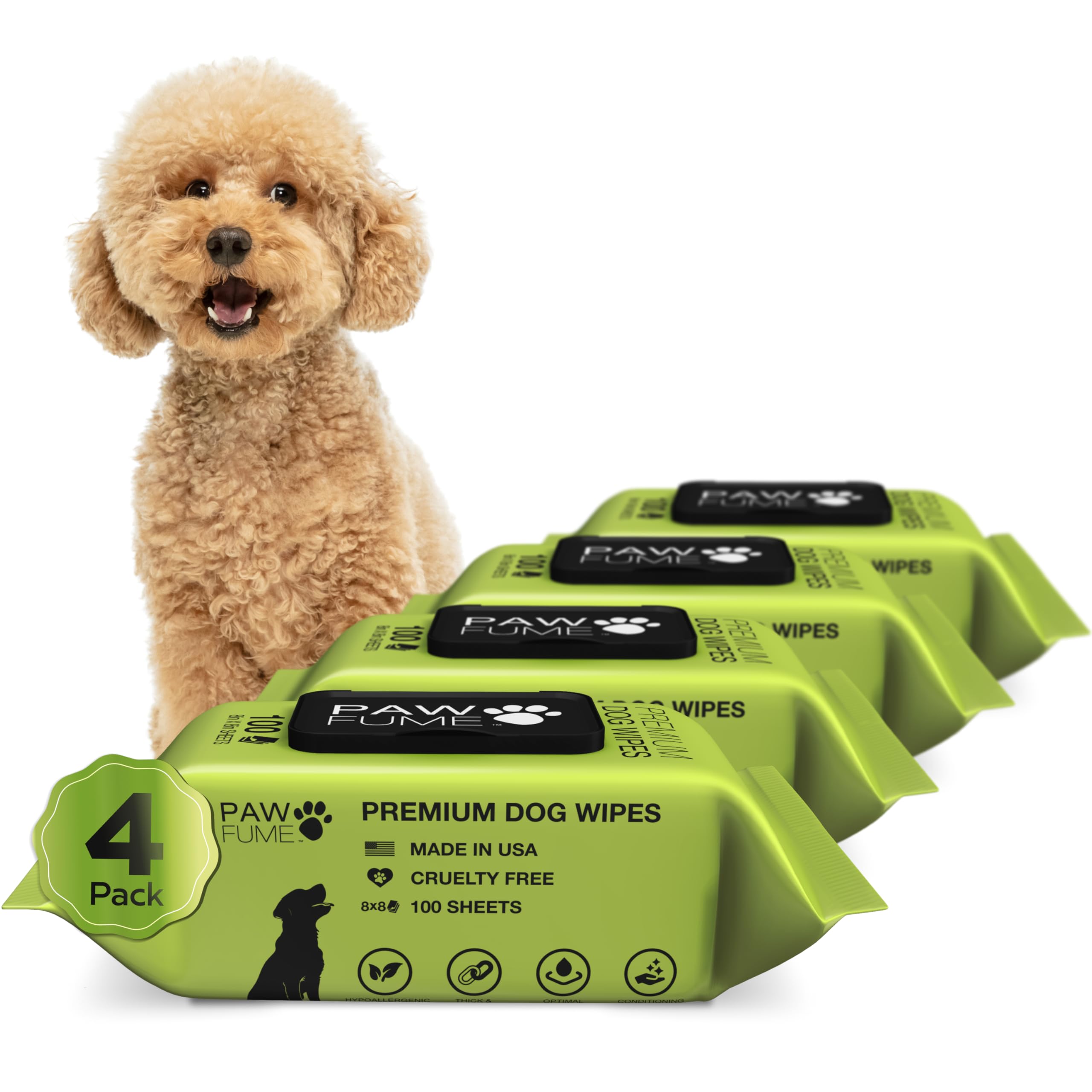 Pawfume Dog Wipes 4 X 100 Count, Pet Wipes - Hypoallergenic & Gentle Dog Wipes For Eyes, Face, Butt, And Paws - Cleaning & Deodo