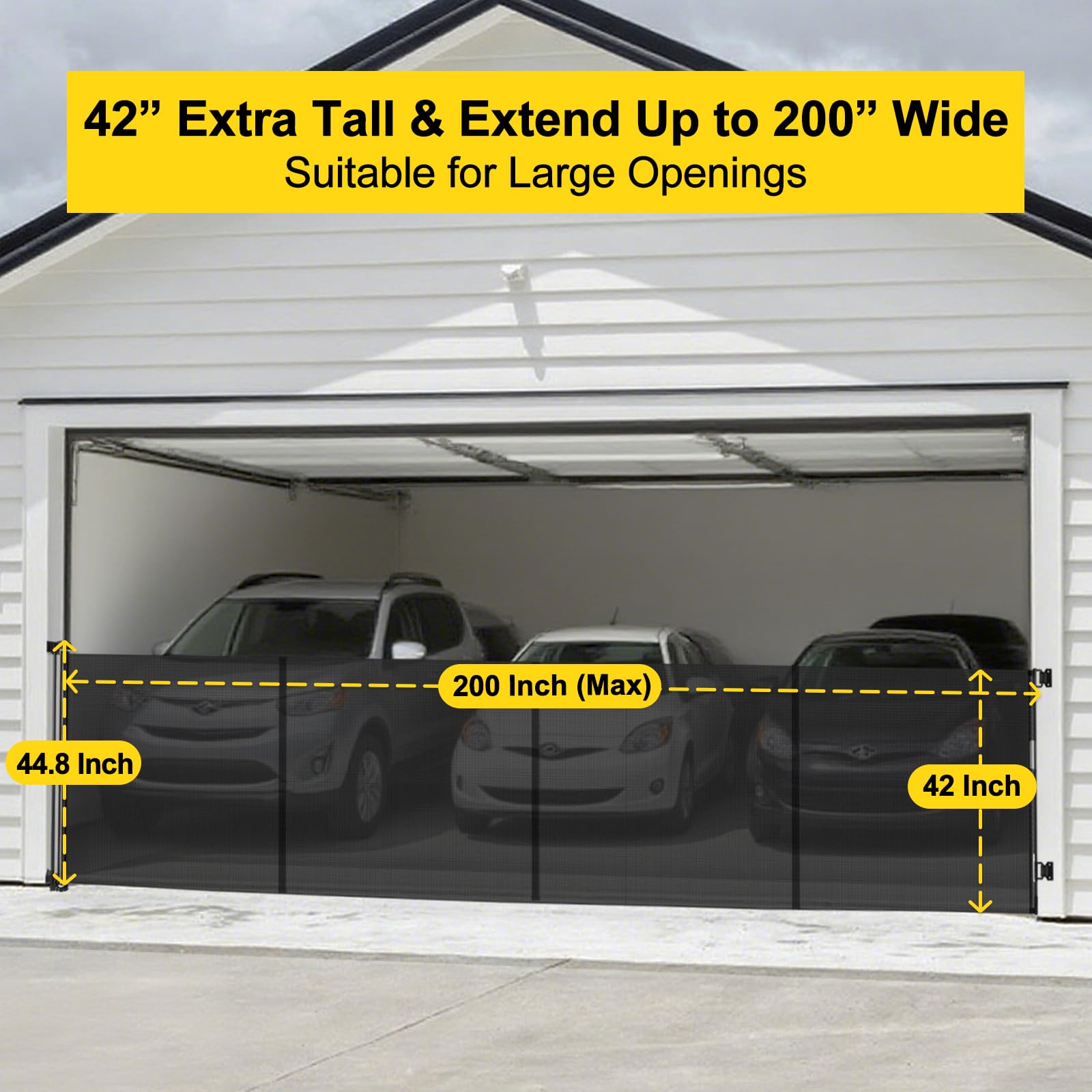 Reinforced 42    Tall x 200    Extra Wide Retractable Baby Gates, Extra Long Pet Gate with Support Rods, Outdoor Dog Gate for Wi