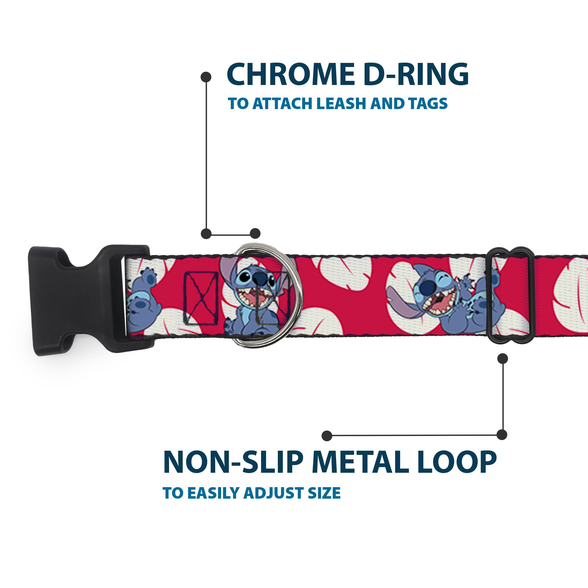 Buckle-Down Dog Collar Plastic Clip Lilo Stitch 4 Poses Lilo Dress Leaves Red Ivory 16 To 23 Inches 1.5 Inch Wide
